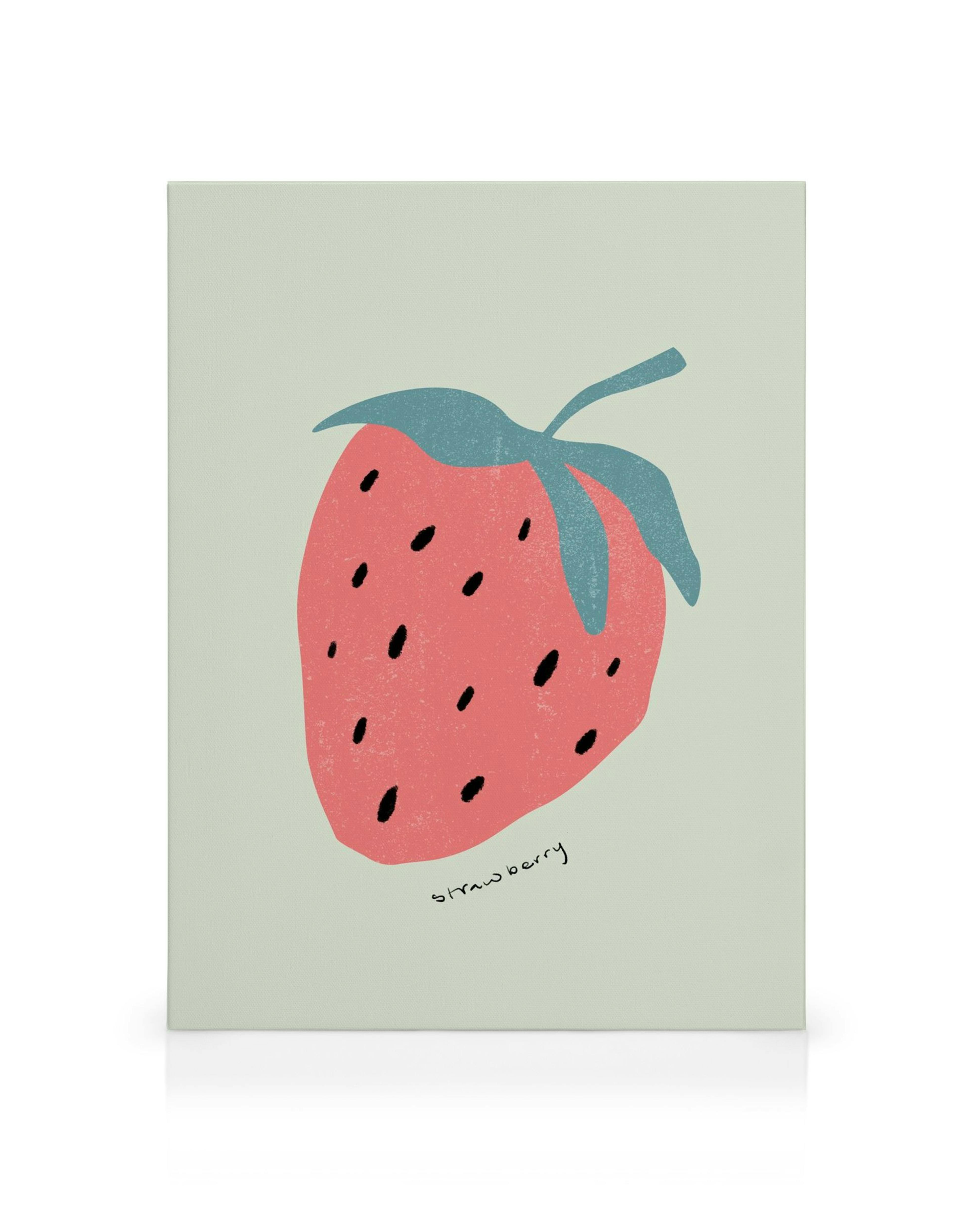 Καμβάς με εικονογράφηση φράουλας, ροζ φρούτο με μαύρα στίγματα, πράσινα φύλλα σε ανοιχτόχρωμο φόντο.