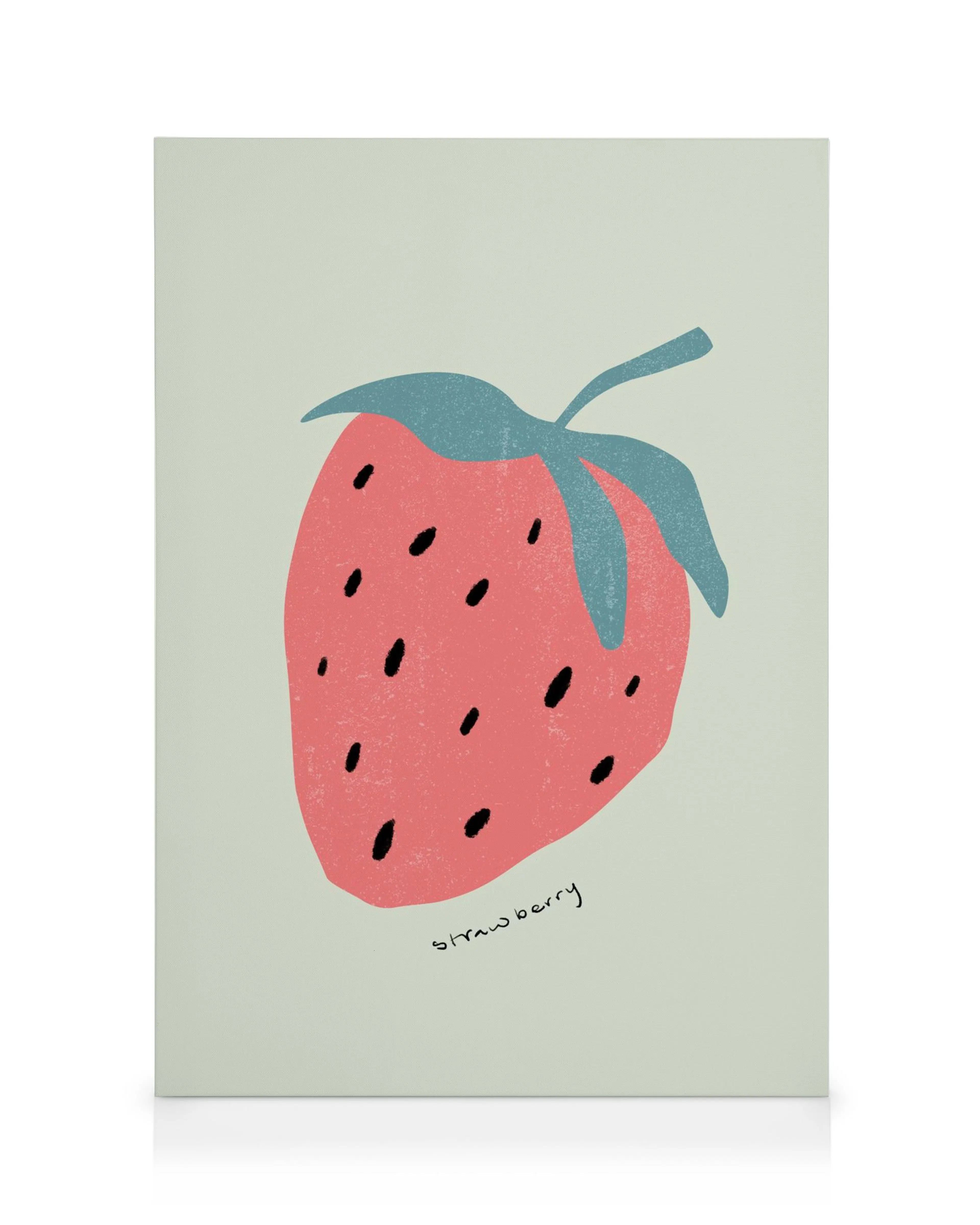 Obraz na płótnie z różową truskawką, niebieskimi liśćmi, czarnymi nasionami na jasnozielonym tle, napis Strawberry.