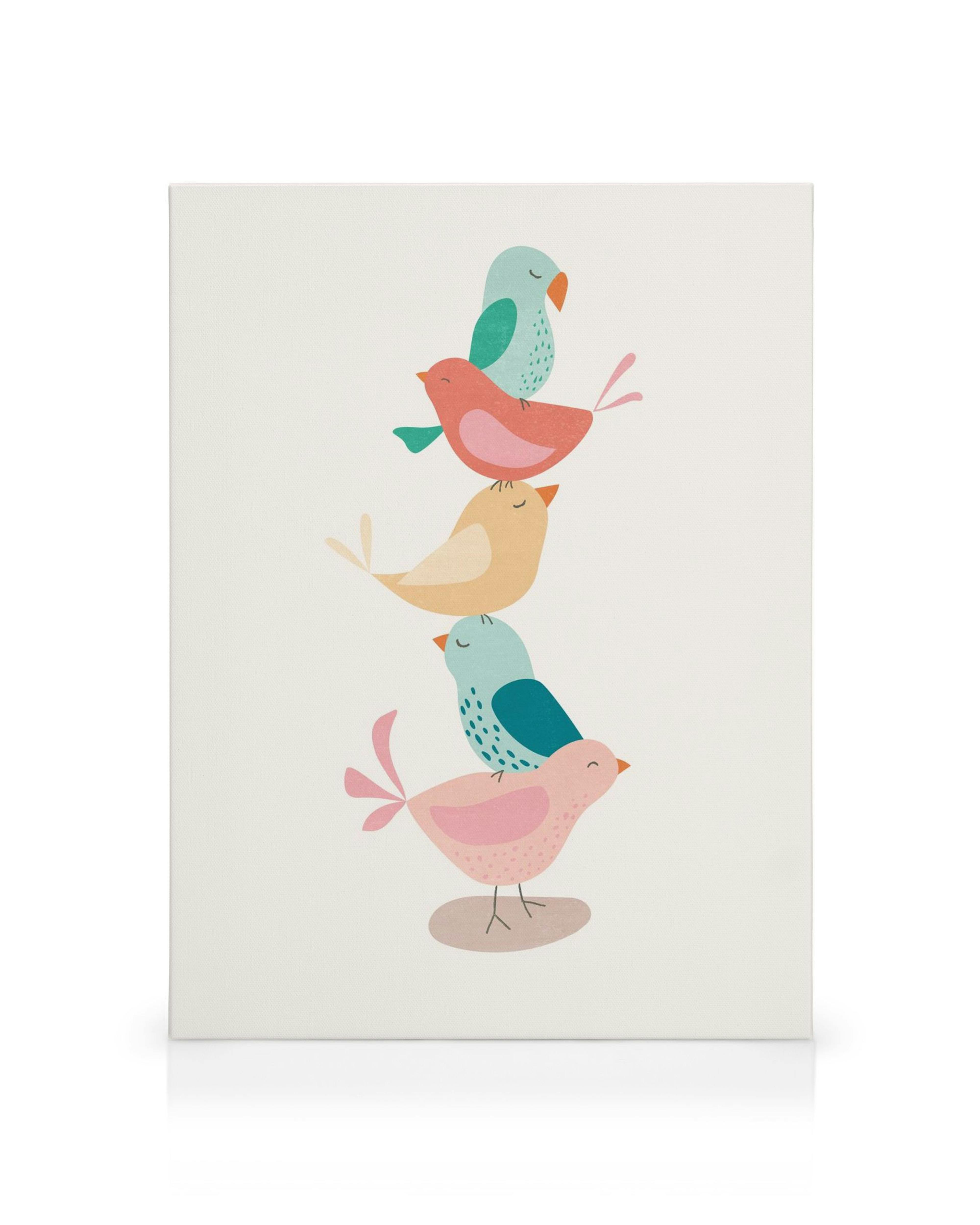 Leinwandbild mit fünf gestapelten, bunten Vögeln in Pastellfarben, weisser Hintergrund, flache Oberfläche, niedliches Tierdesign