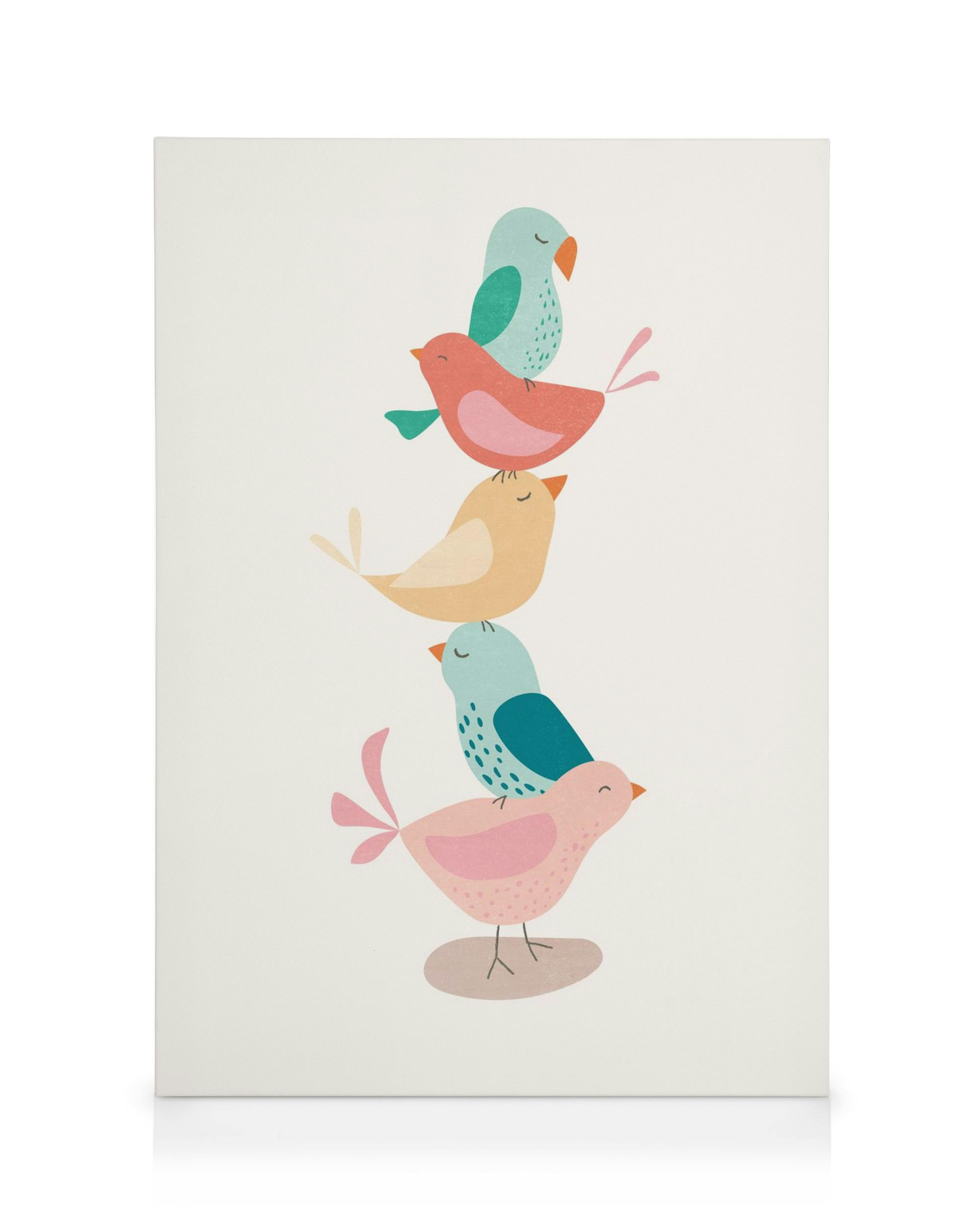 Καμβάς με χρωματιστά, στυλιζαρισμένα πουλιά στοιβαγμένα το ένα πάνω στο άλλο, παιδική διακόσμηση