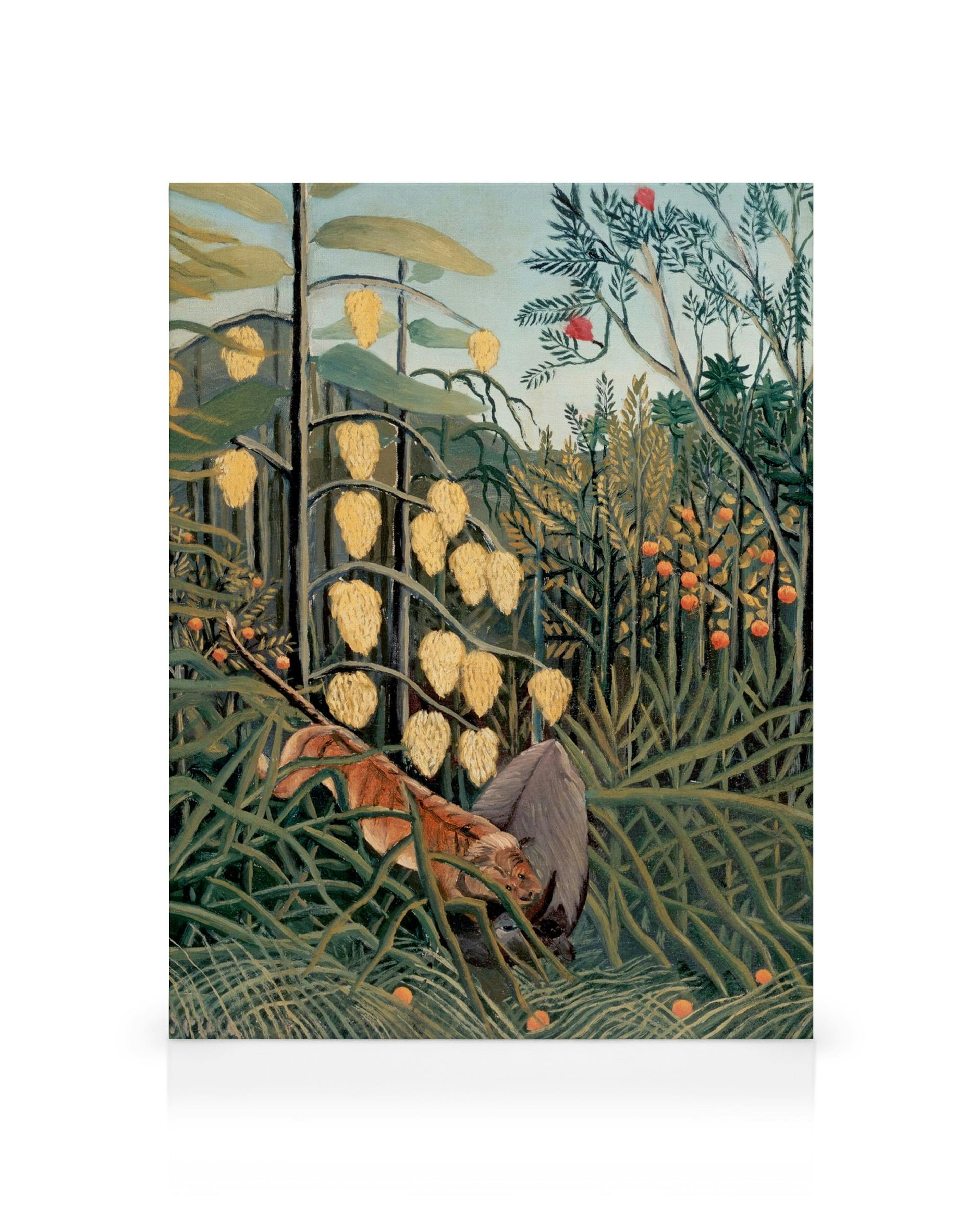 Rousseau Leinwandbild: Dschungelszene mit Tiger und Stier, umgeben von exotischen Pflanzen, tropische Kunst.