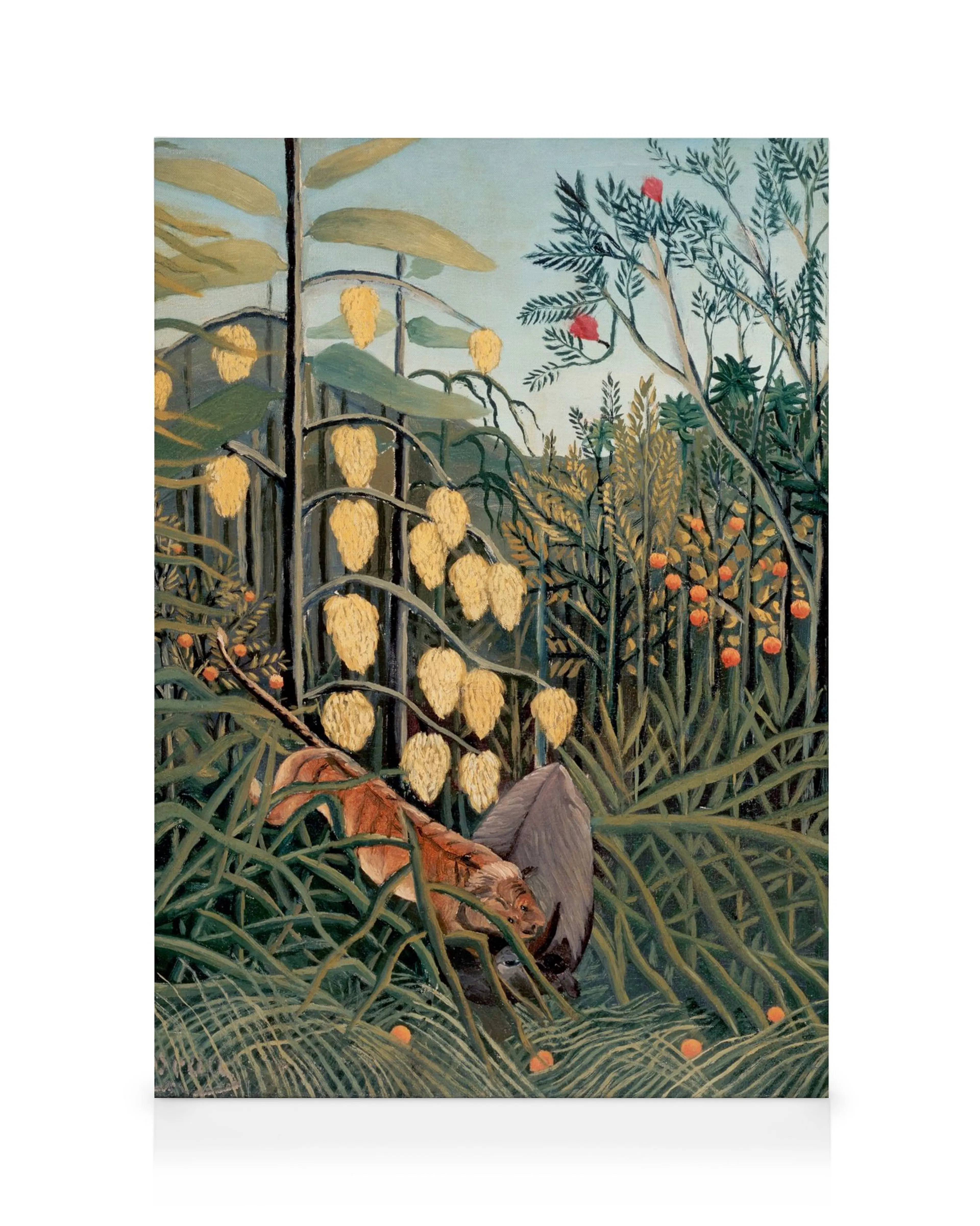 Rousseaus tropical forest painting with tiger and bull in green foliage, yellow fruit, and red flowers.