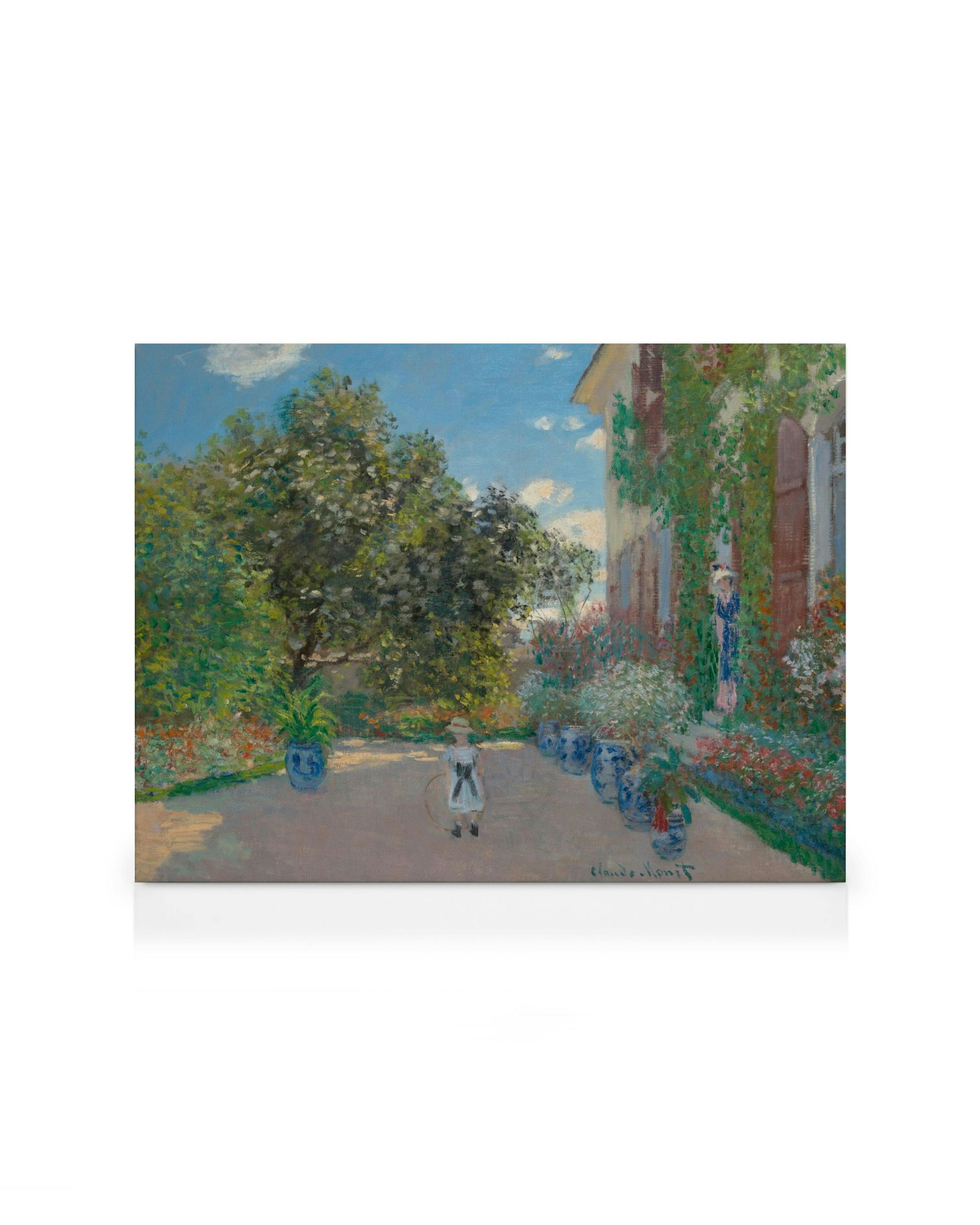 Monet Leinwanddruck, Garten in Argenteuil, Kind mit Reifen, Haus mit Ranken, Blumenbeete, blaue Töpfe