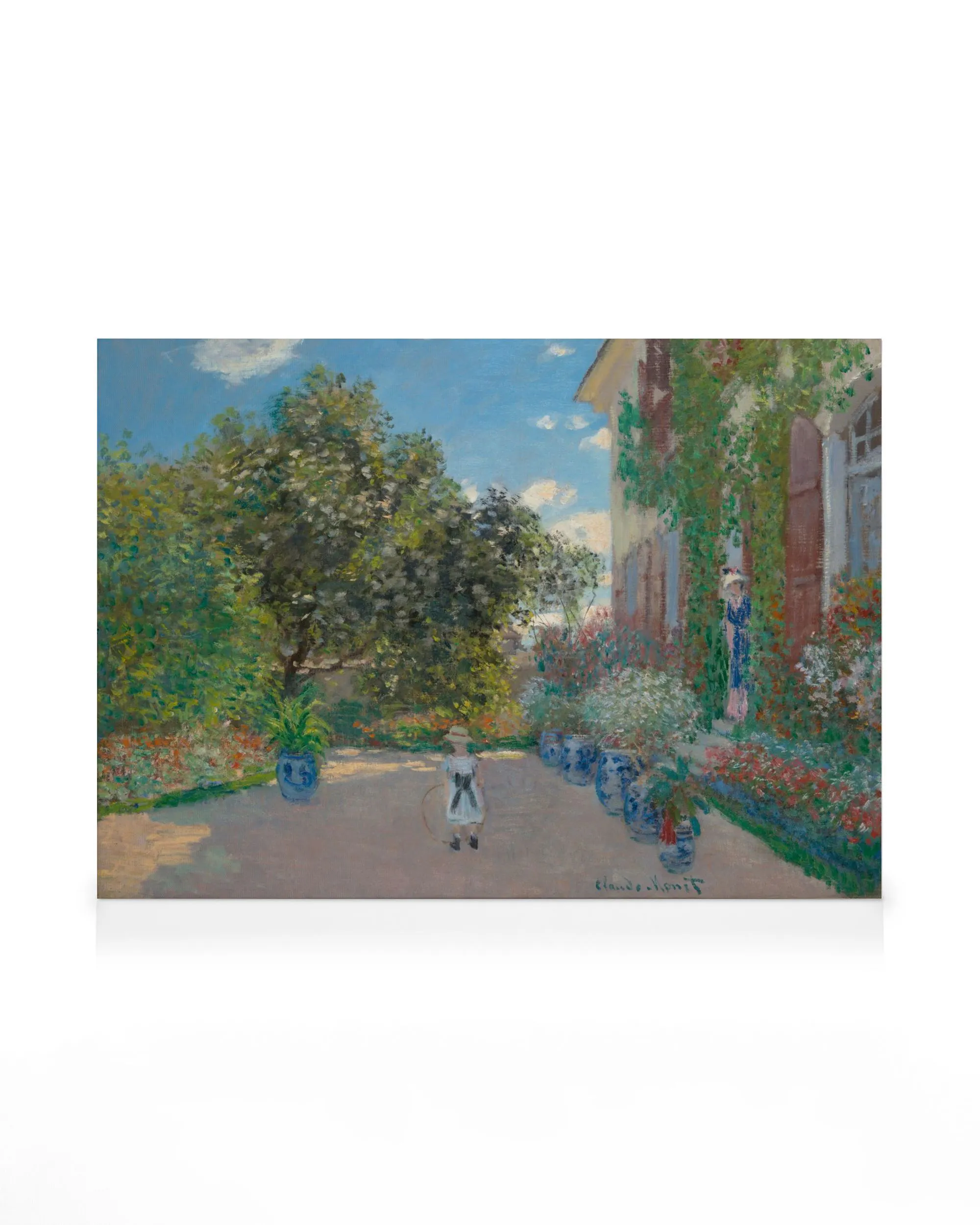 Monets The Artists House at Argenteuil schilderij met tuin, bloemen en blauwe bloempotten. Indrukwekkende canvas print.