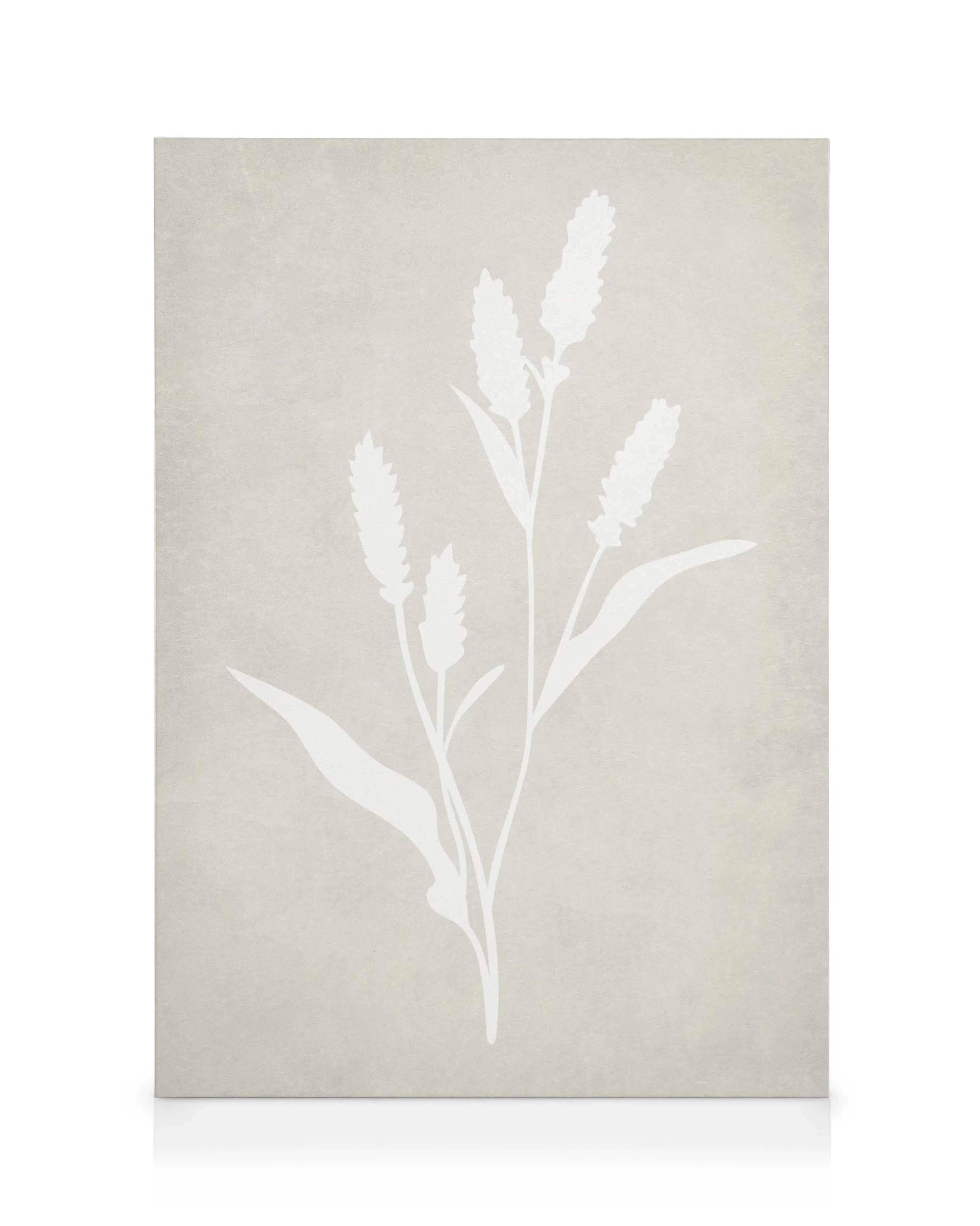 Lærred med hvid lavendel silhuet på beige baggrund, afdæmpet blomsterkunst