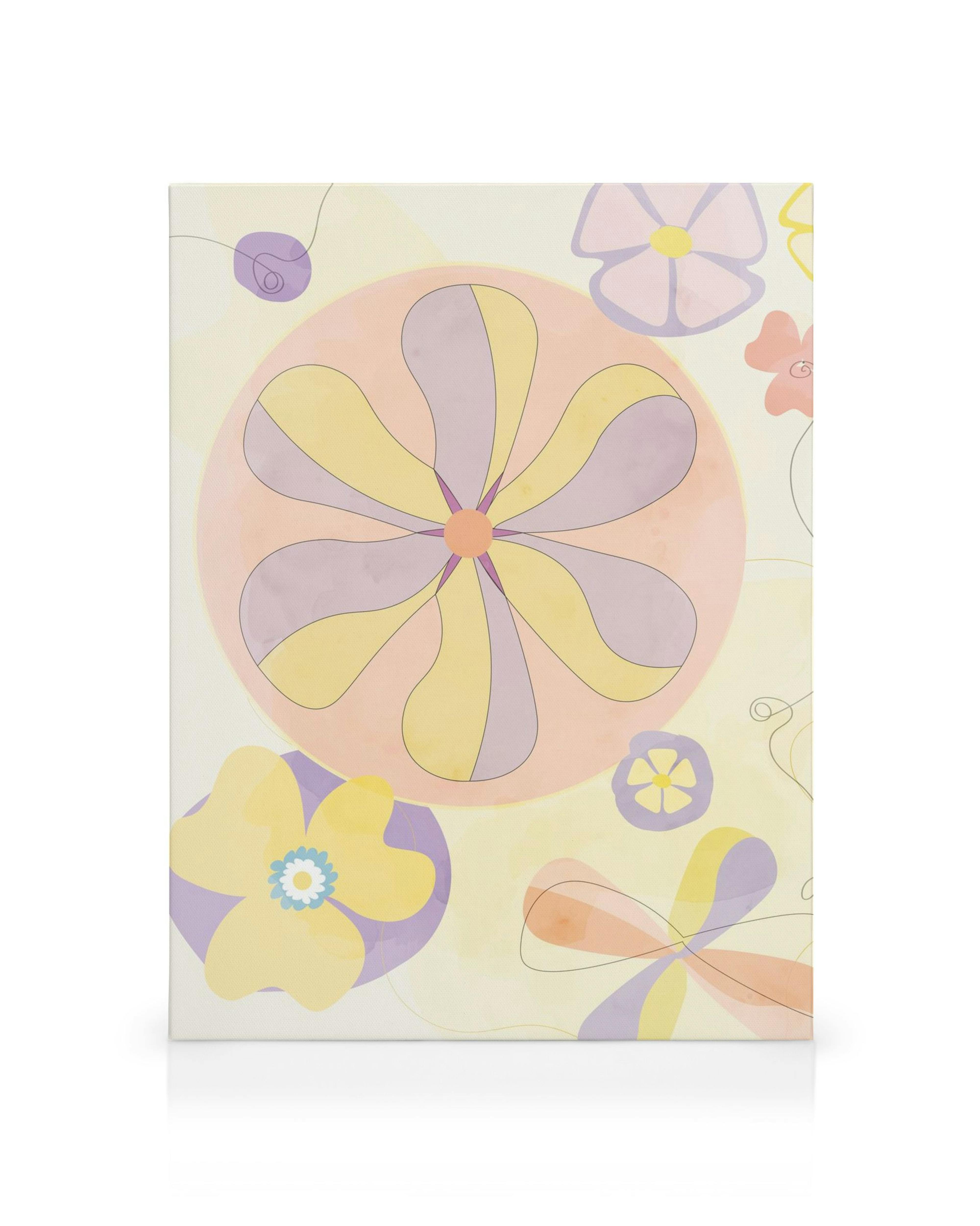 Playful canvas print with stylized pastel yellow, purple, peach, and red flowers on a light background.