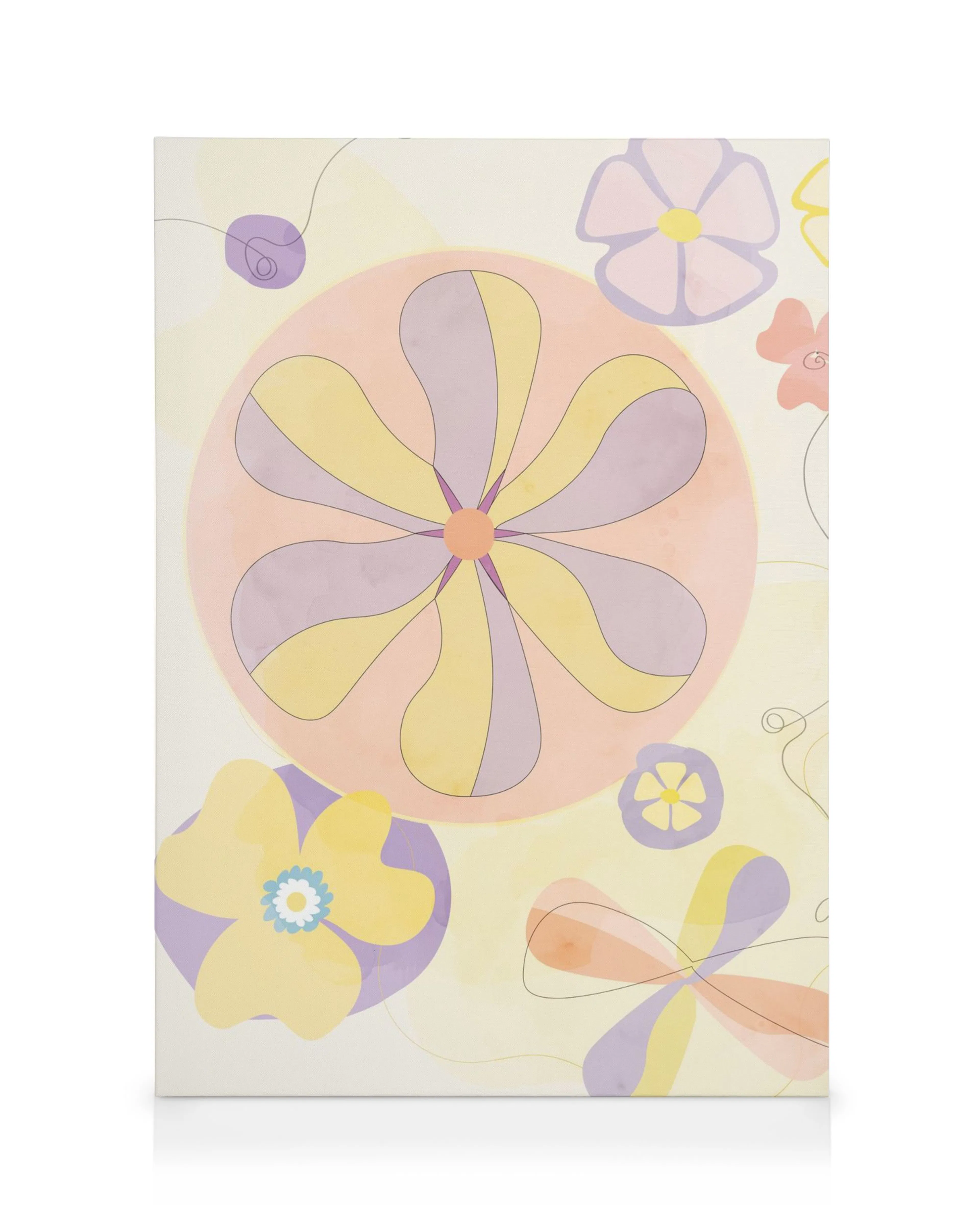 Leinwandbild mit stilisierten Blumen in Pastelltönen von Gelb, Lila, Pfirsich und Rot auf hellem Hintergrund.