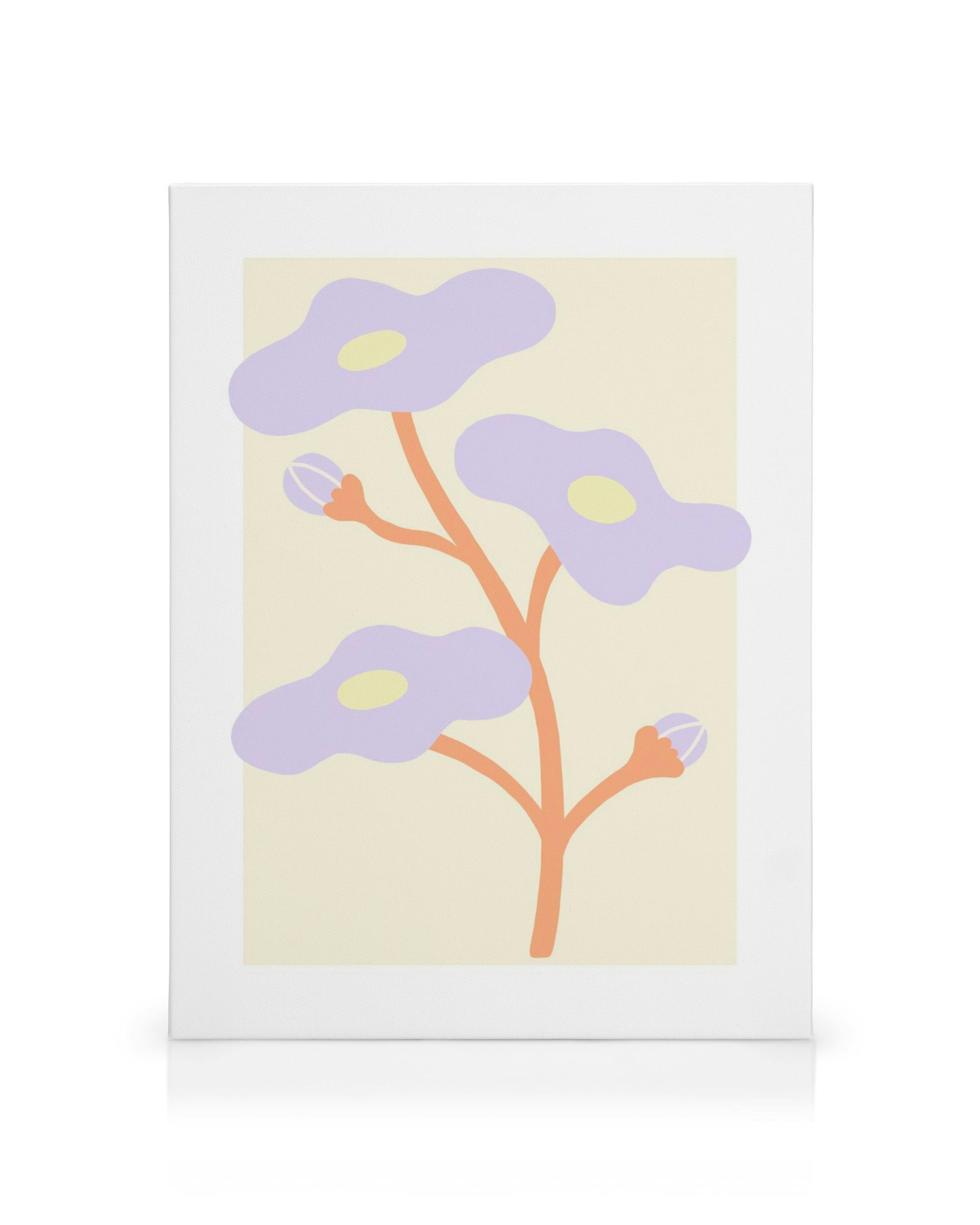 Lilac flower canvas with three stylized purple blooms and yellow centers on an orange stem, against a pale yellow background.