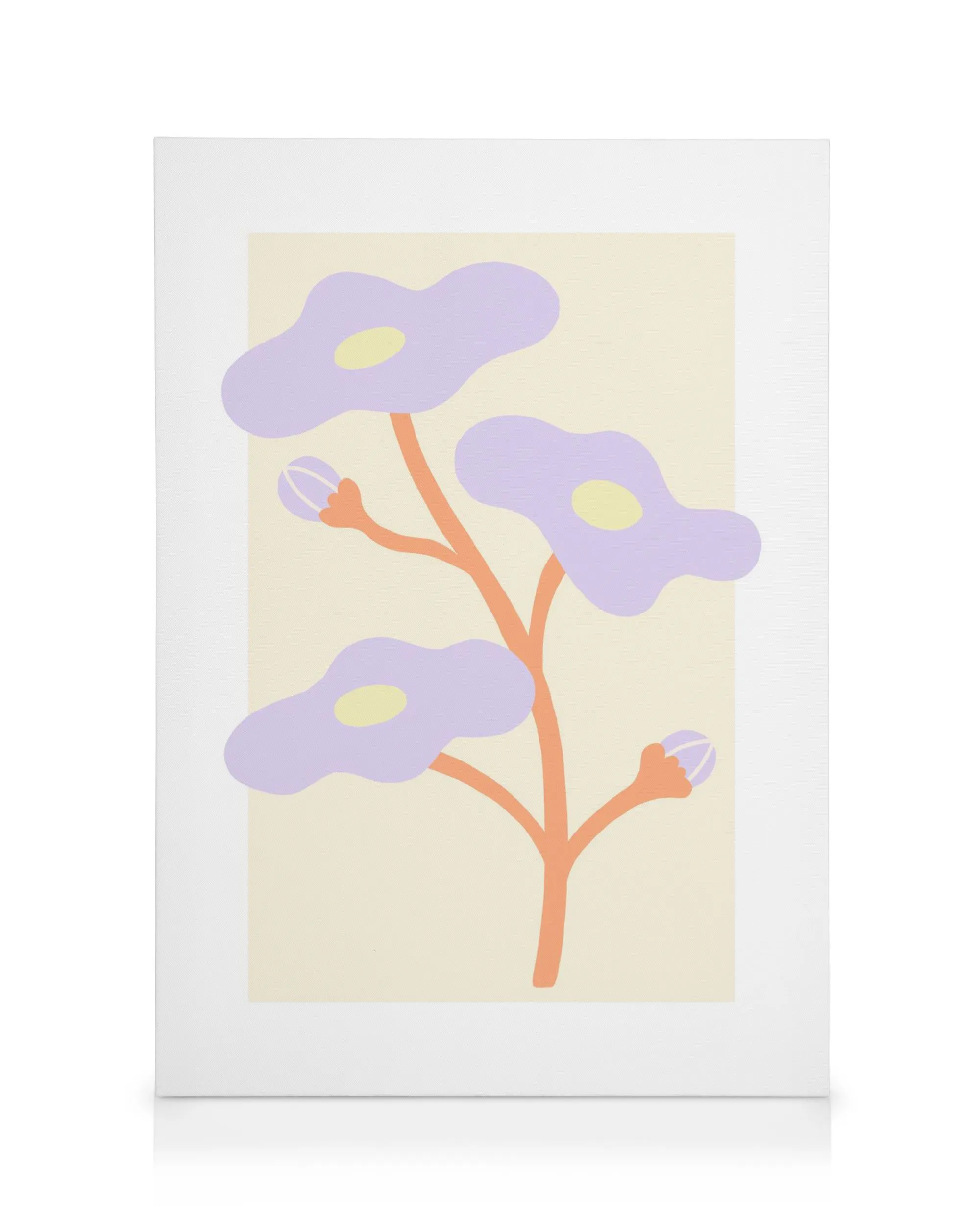 Lilac flower canvas with three stylized purple blooms and yellow centers on an orange stem, against a pale yellow background.