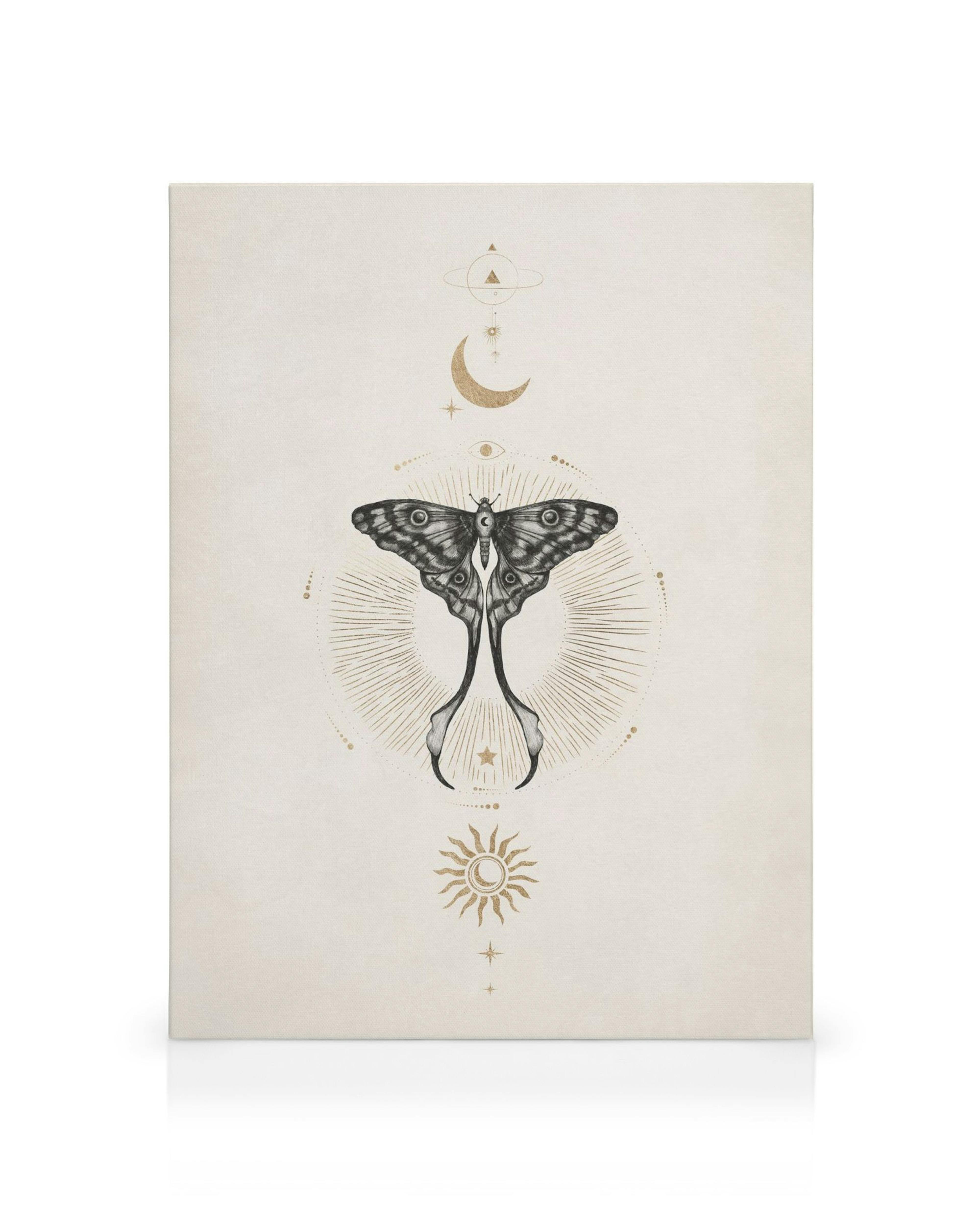 Plátno s motívom čierneho motýľa s mesiacom a hviezdami, mystické umenie.