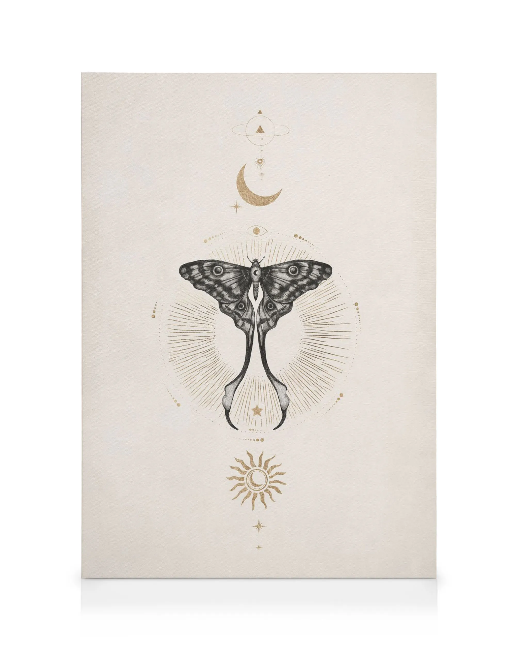 Mystical moon moth canvas print with gold celestial symbols on a beige background, elegant wall art.