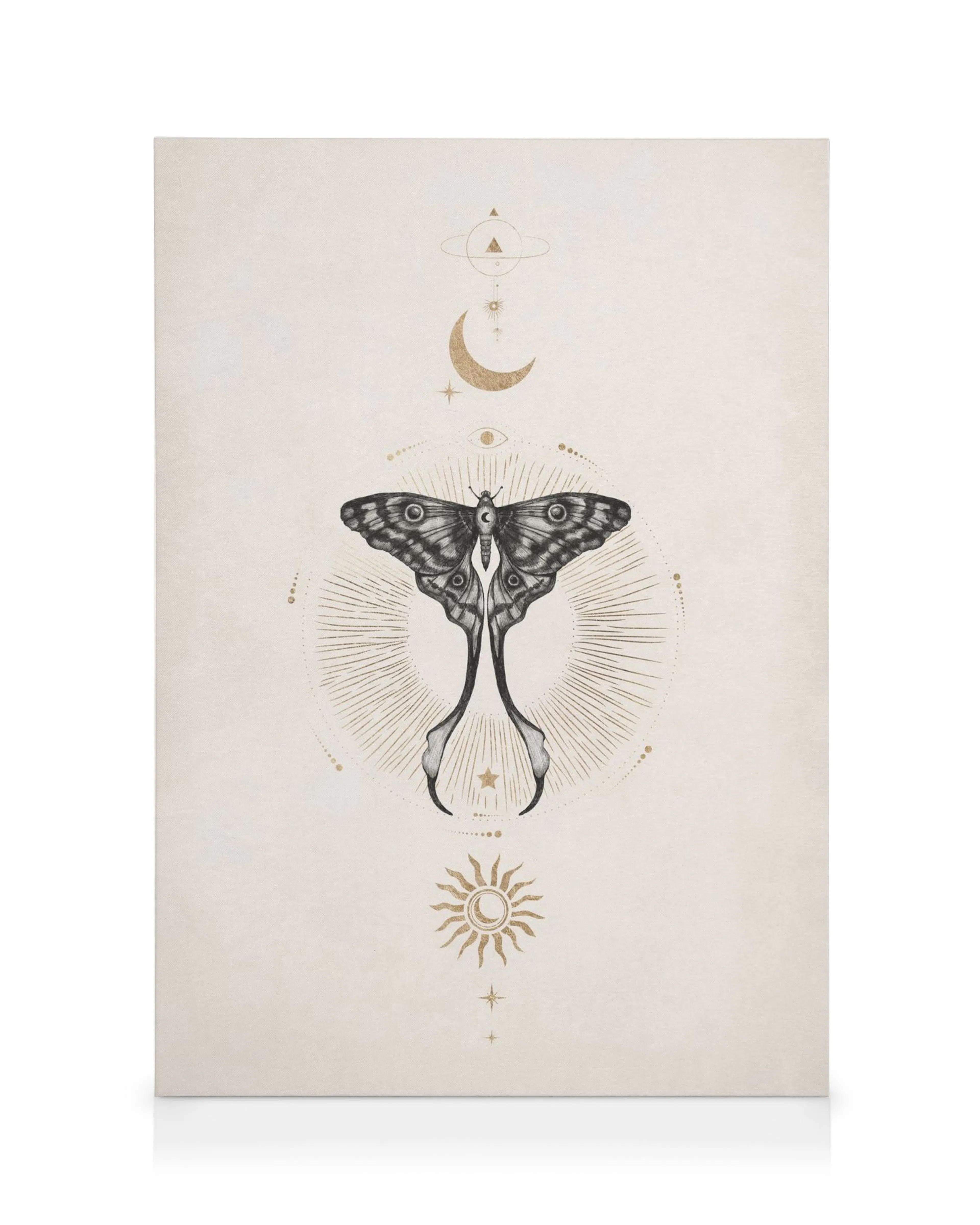 Mystical moon moth canvas print with gold celestial symbols on a beige background, elegant wall art.