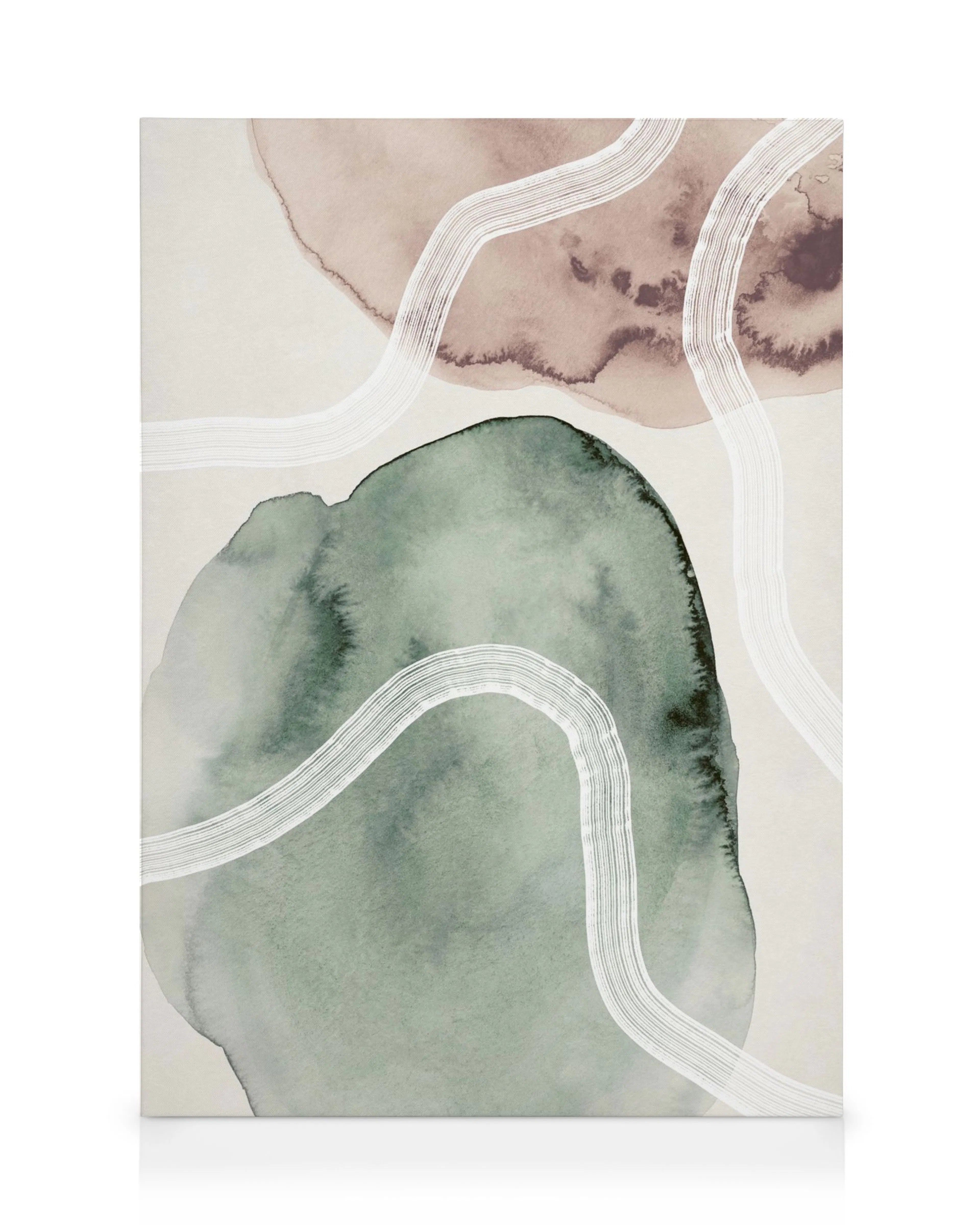 Soft Watercolor No1 canvas print, abstract green and brown watercolor shapes with white wavy lines on a beige background.