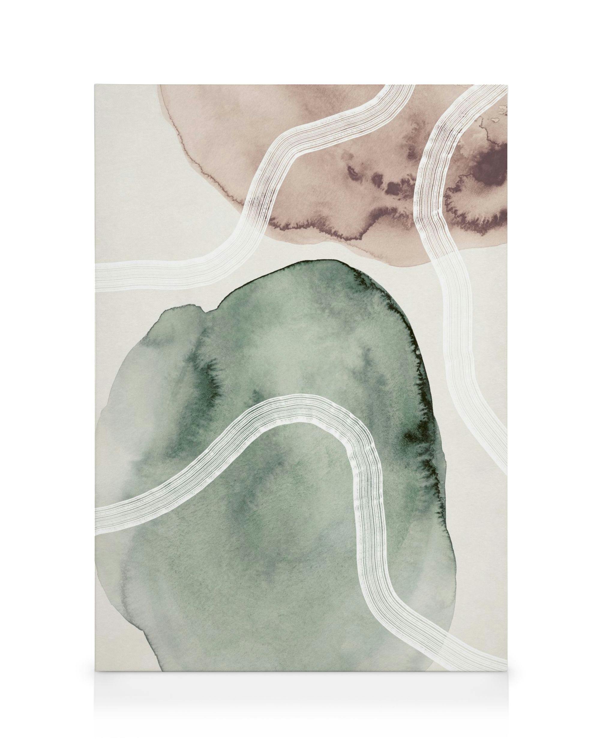 Soft Watercolor No1 canvas print, abstract green and brown watercolor shapes with white wavy lines on a beige background.