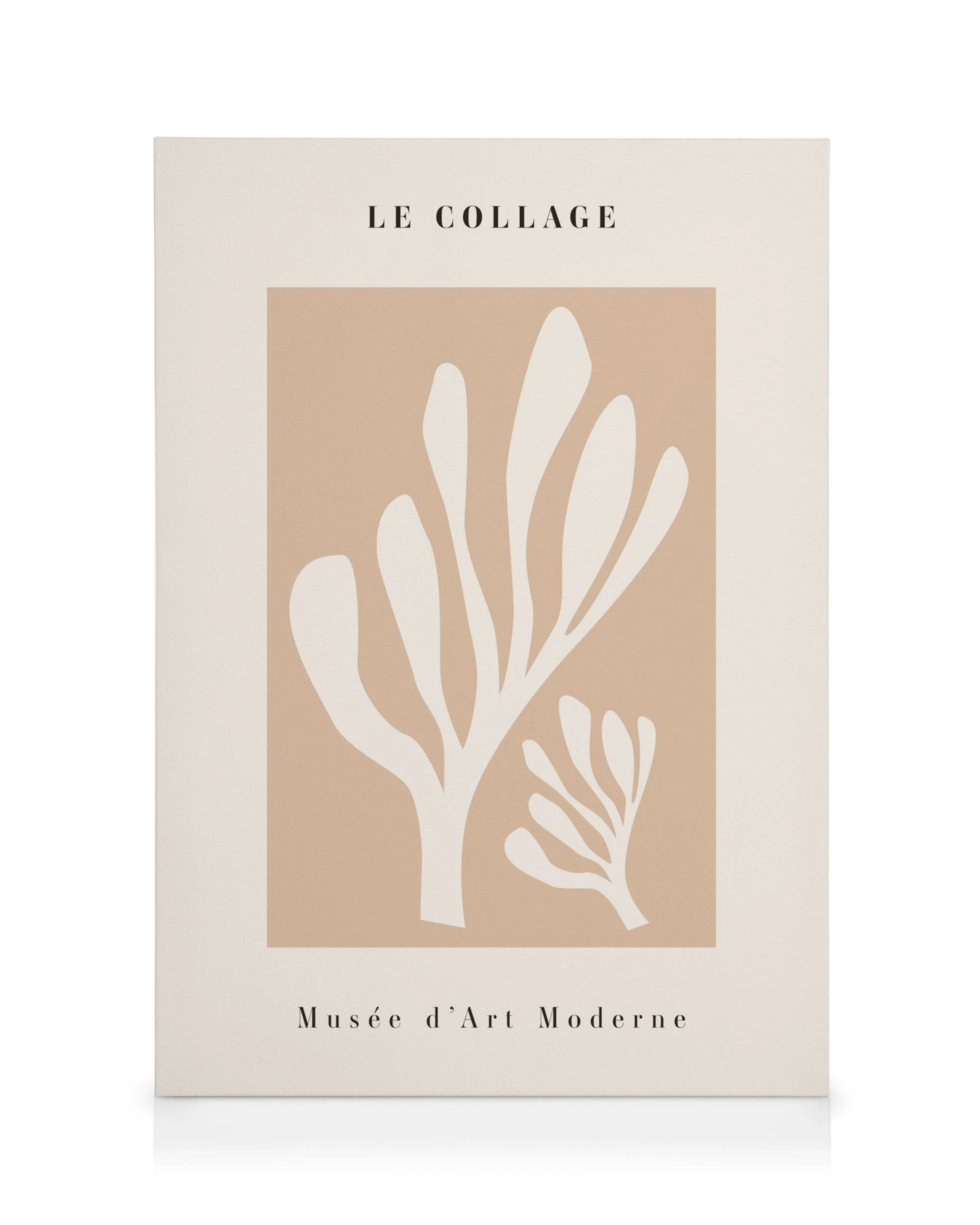 Stampa su tela con collage botanico astratto, forme bianche su sfondo marrone chiaro. Scritte Le Collage e Musée Dart Moderne.