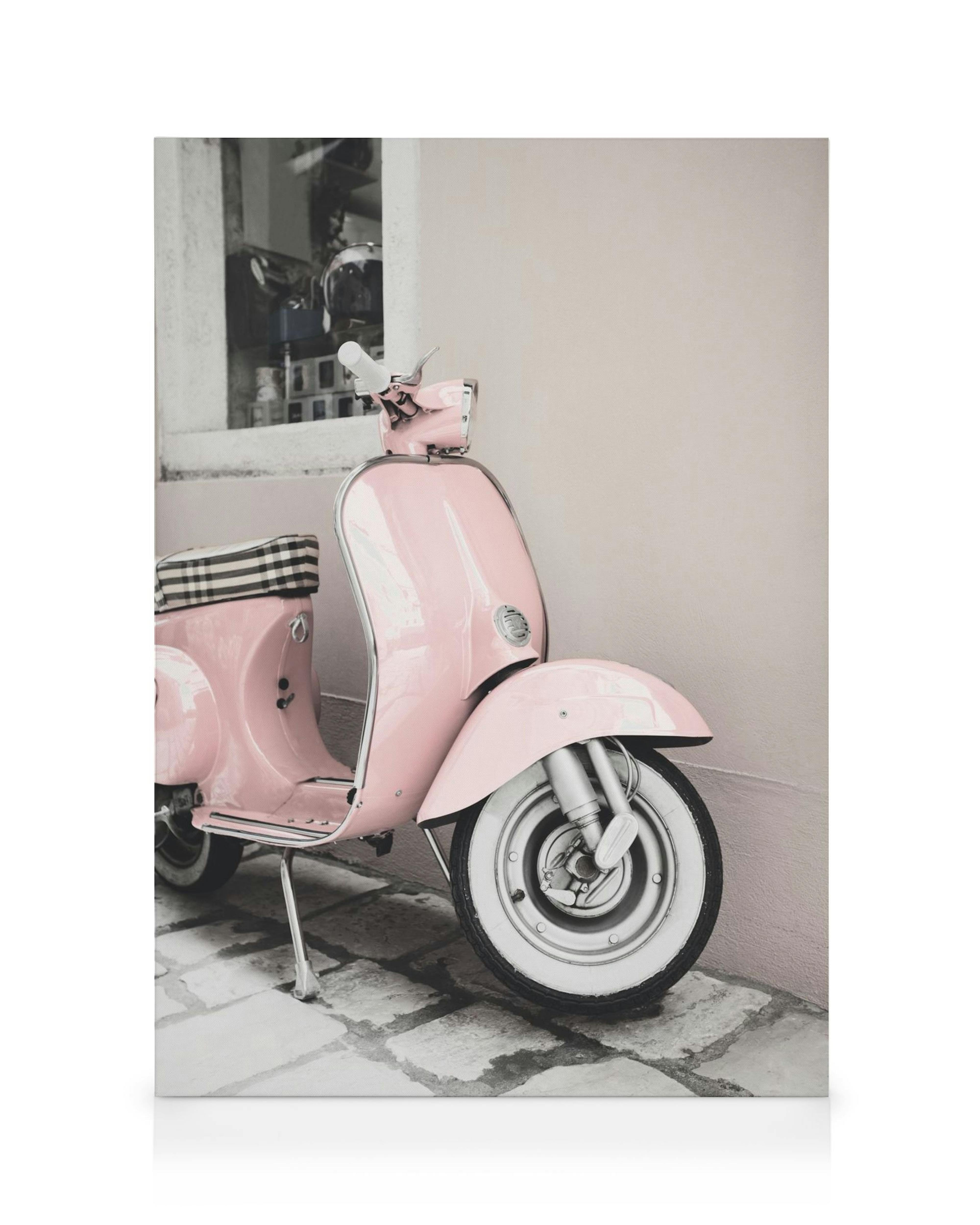 Pink scooter parked against a beige wall, a charming canvas print for wall decor.