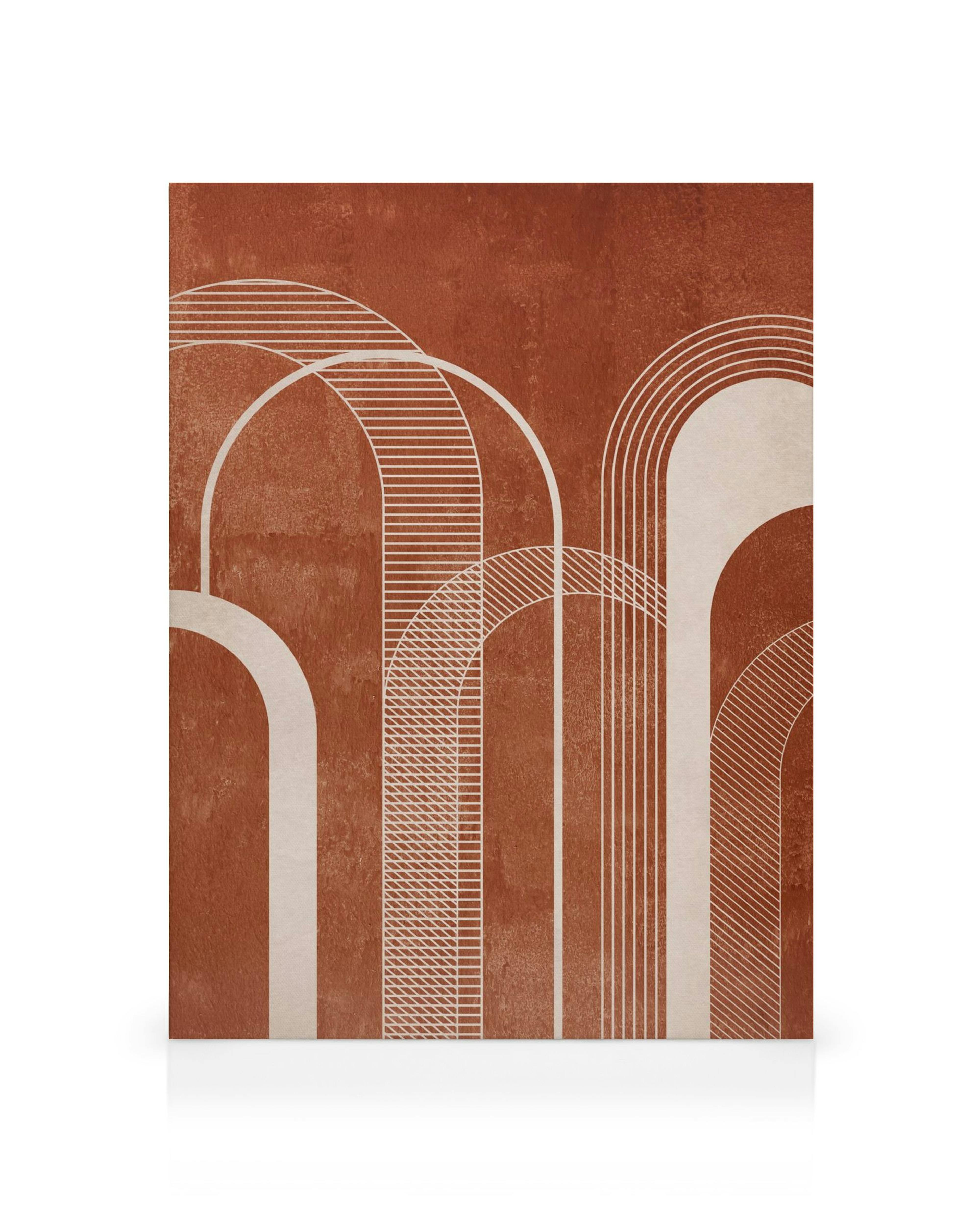 Toile abstraite avec des arches orange et blanches sur fond brun, certaines avec des motifs rayés.