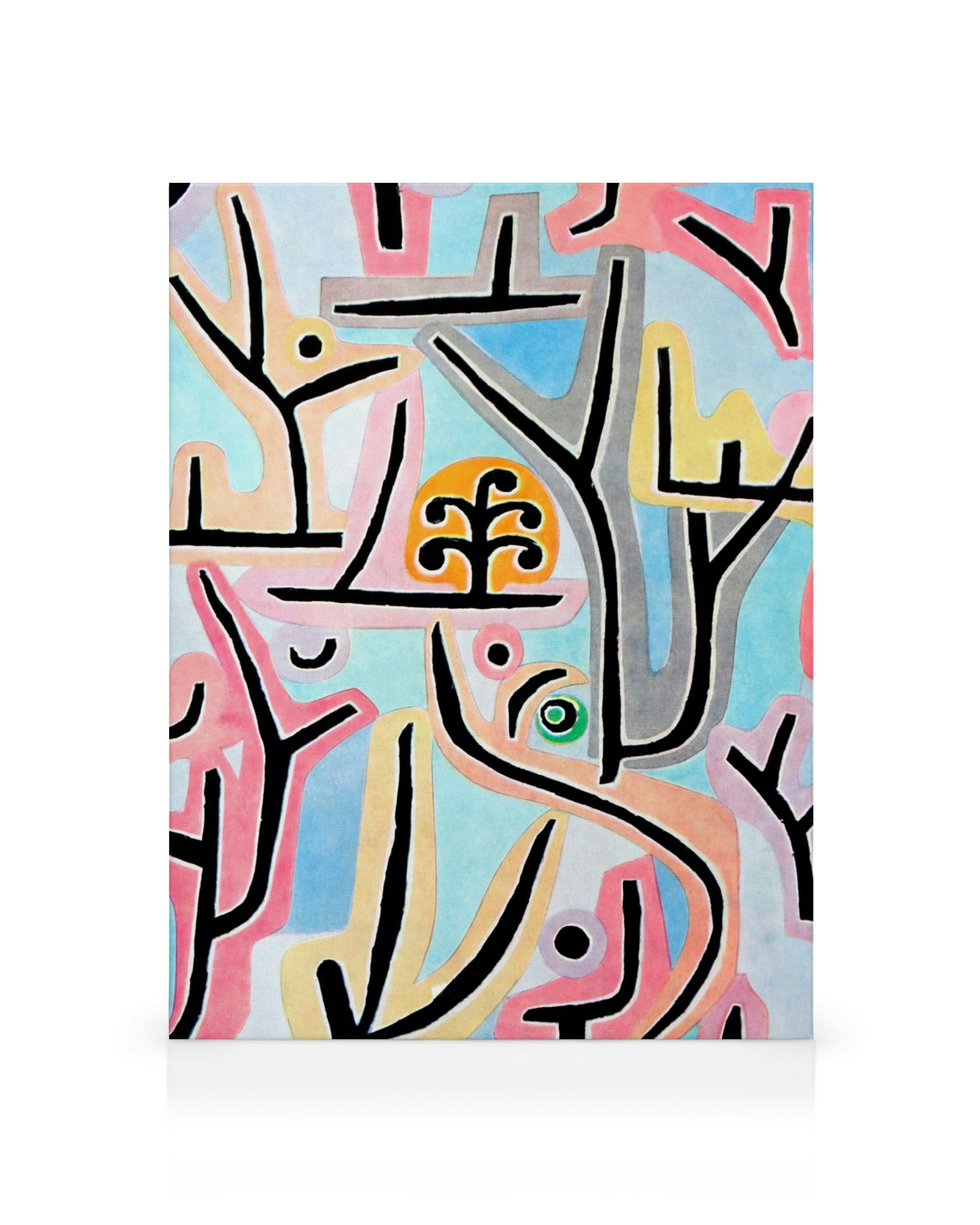 Paul Klee - Park Near Lucerne -kanvaasi, abstrakti teos, jossa on elämänmuotoja ja puita muistuttavia orgaanisia muotoja.