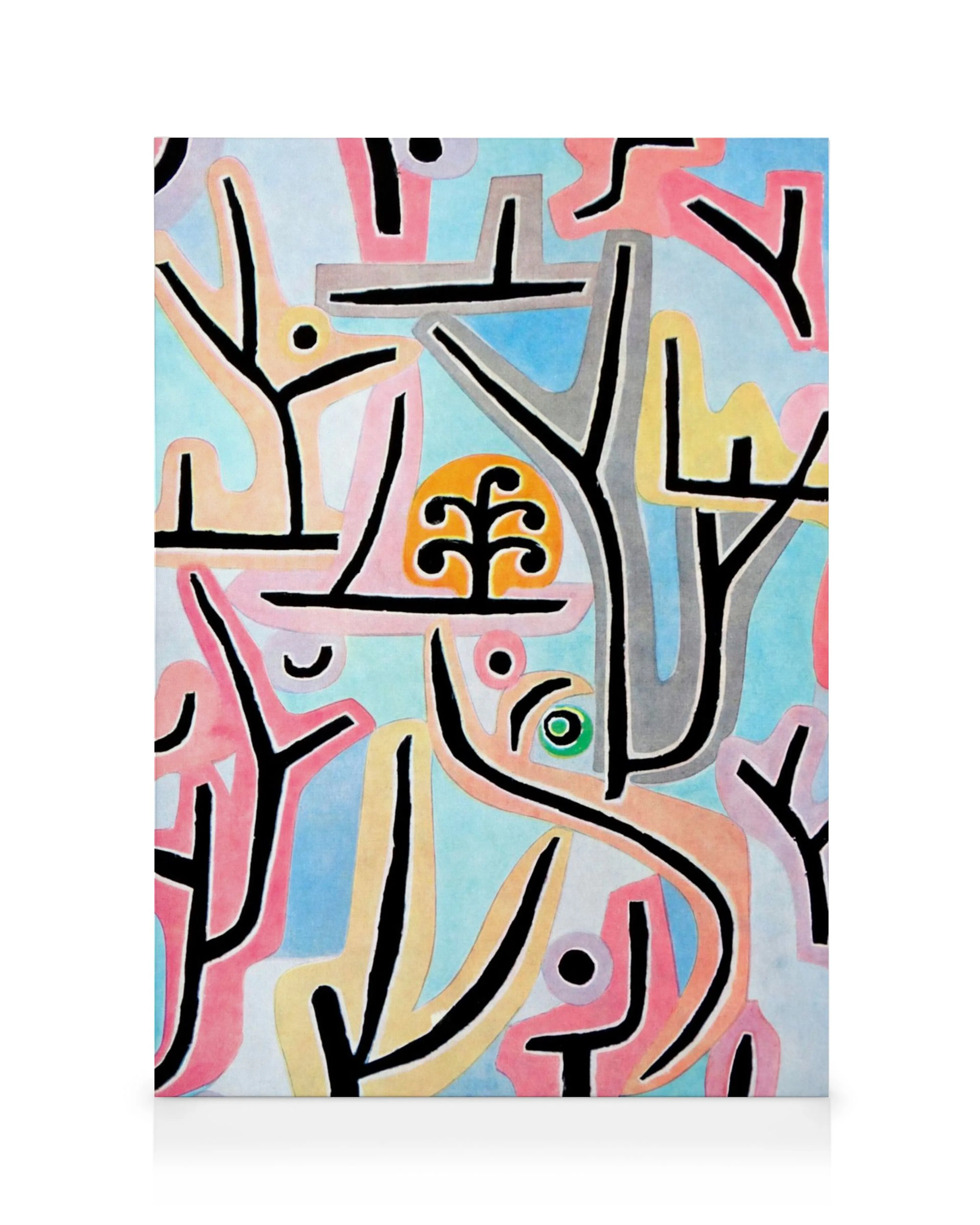 Paul Klee Park Near Lucerne Leinwandbild: abstraktes Muster mit bunten Formen, schwarzen Linien und einem orangefarbenen Baum
