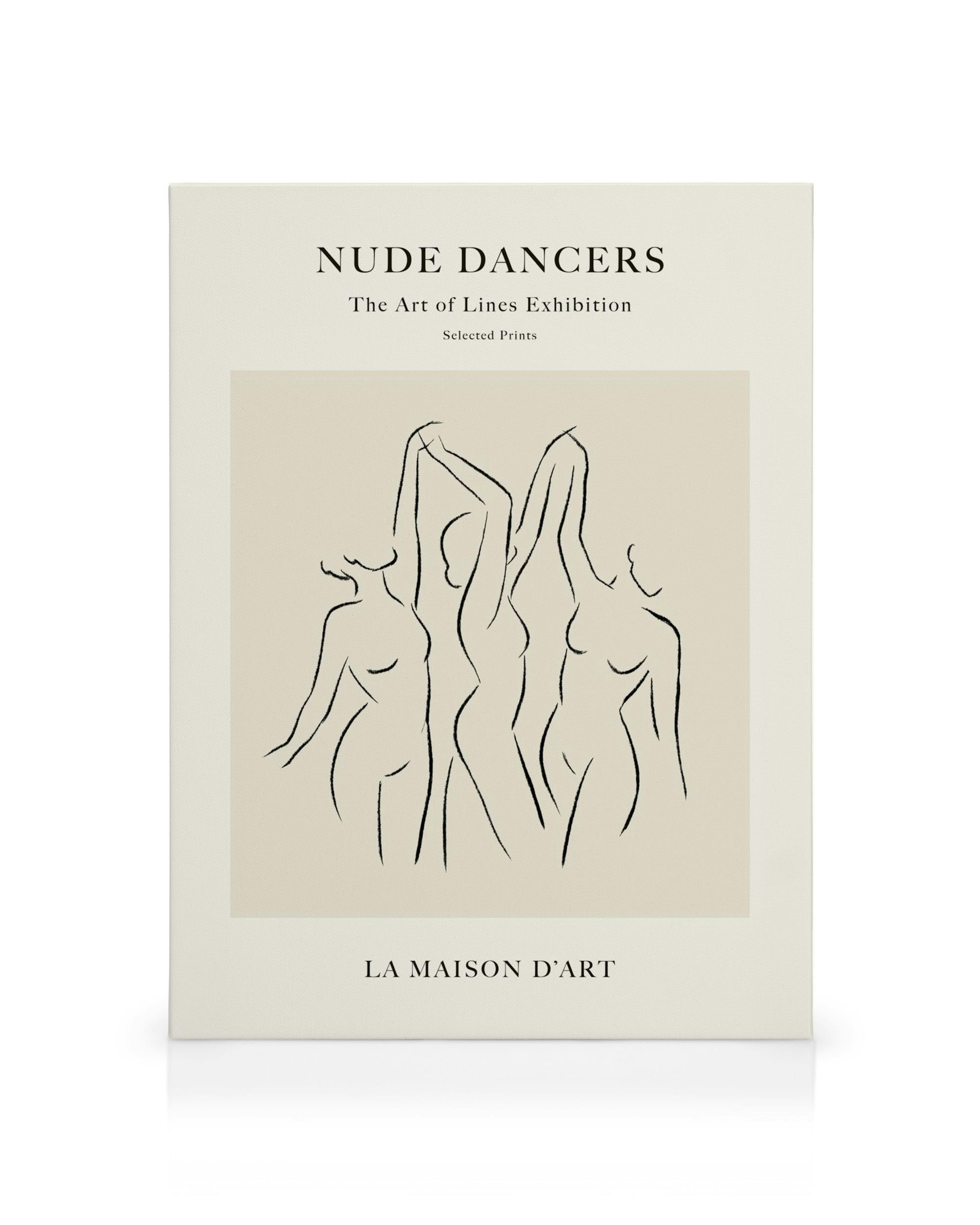 Nude Dancers No2 canvas print features minimalist black line art of five female figures on a light beige background.