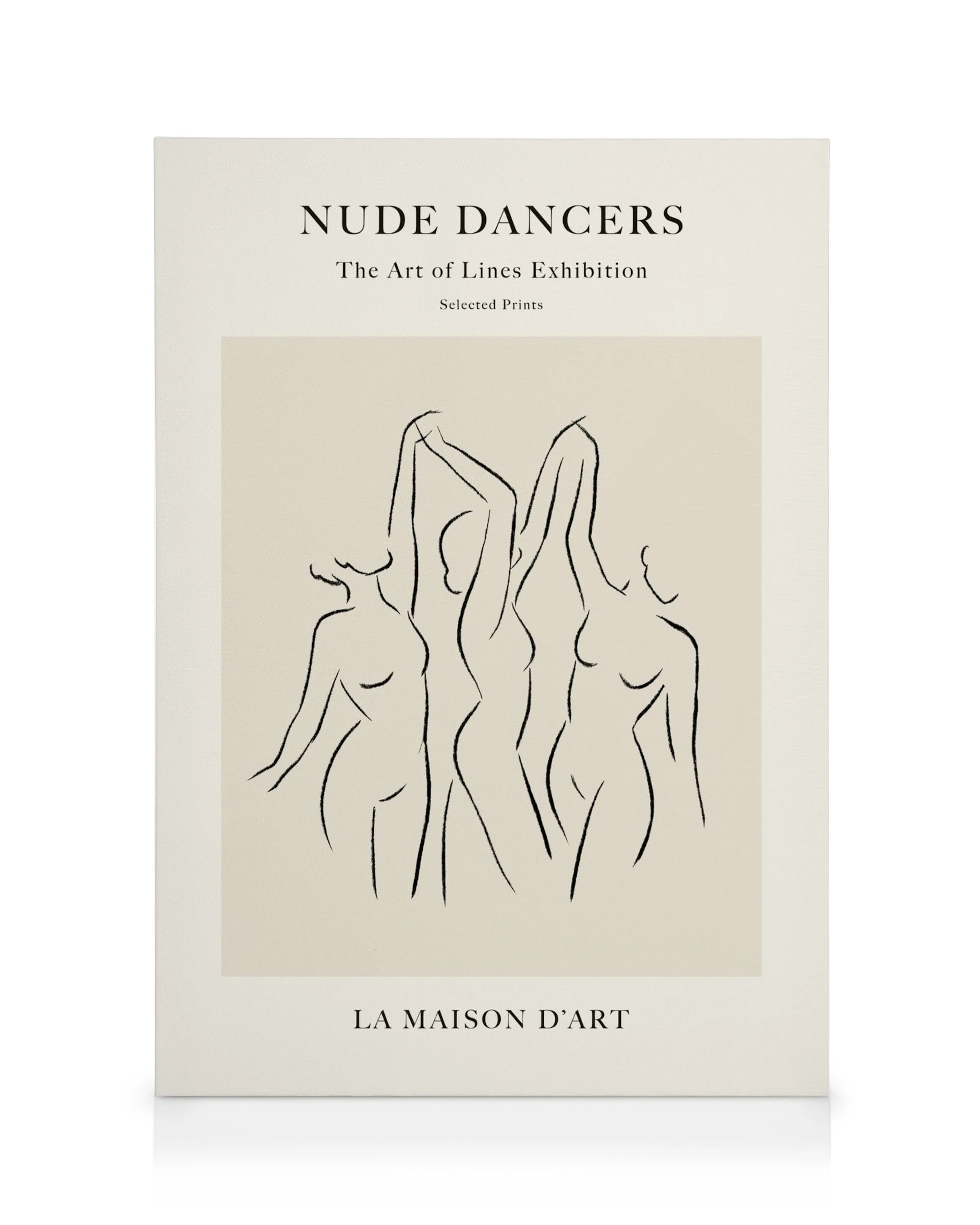 Lienzo minimalista de tres bailarinas desnudas en línea negra sobre fondo beige, con texto de exposición de arte.