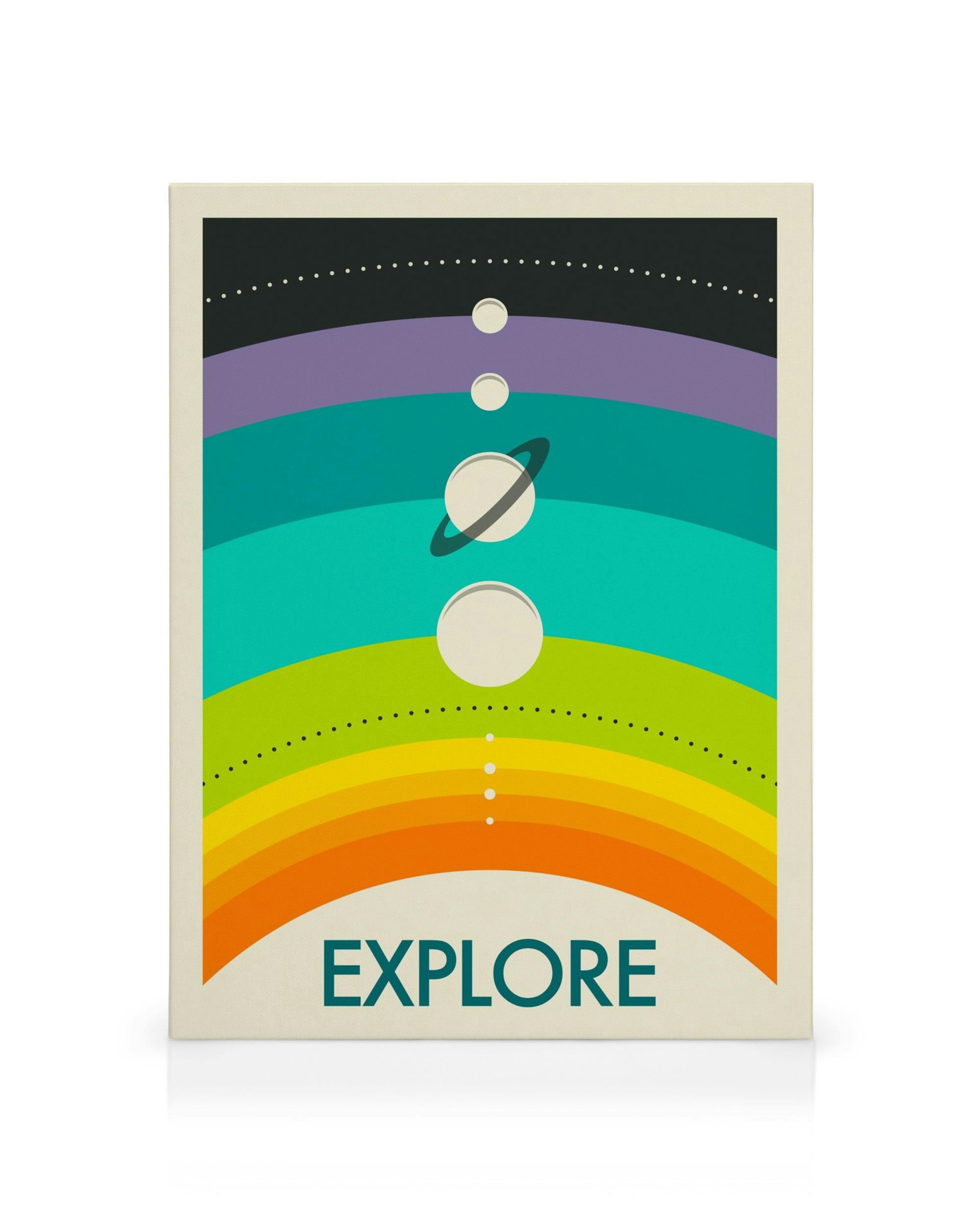 Leinwandbild Regenbogen-Sonnensystem mit abstrakten Planeten und dem Wort EXPLORE in geometrischer Form.