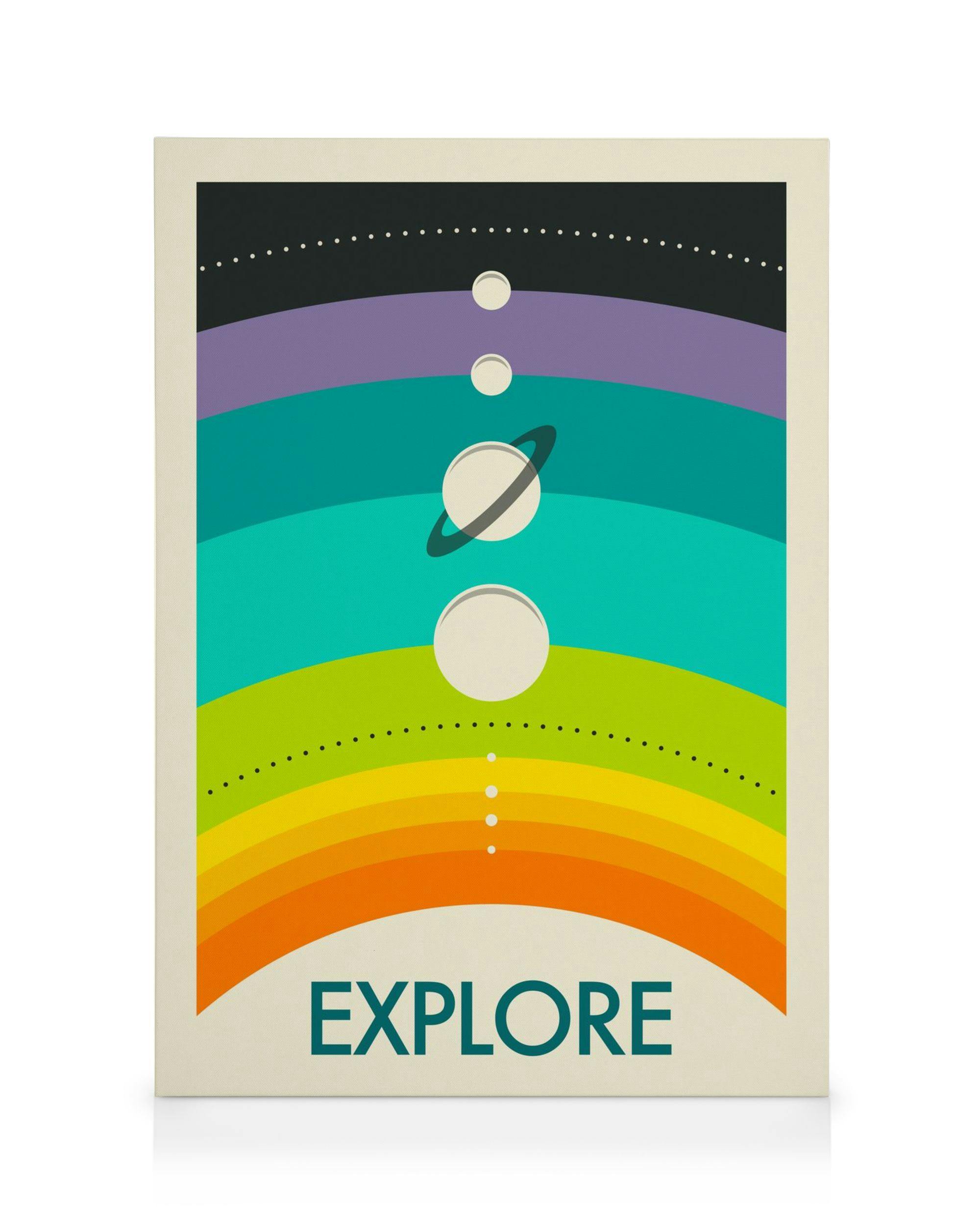 Toile avec typographie Explore et système solaire coloré de type arc-en-ciel, style art graphique et moderne