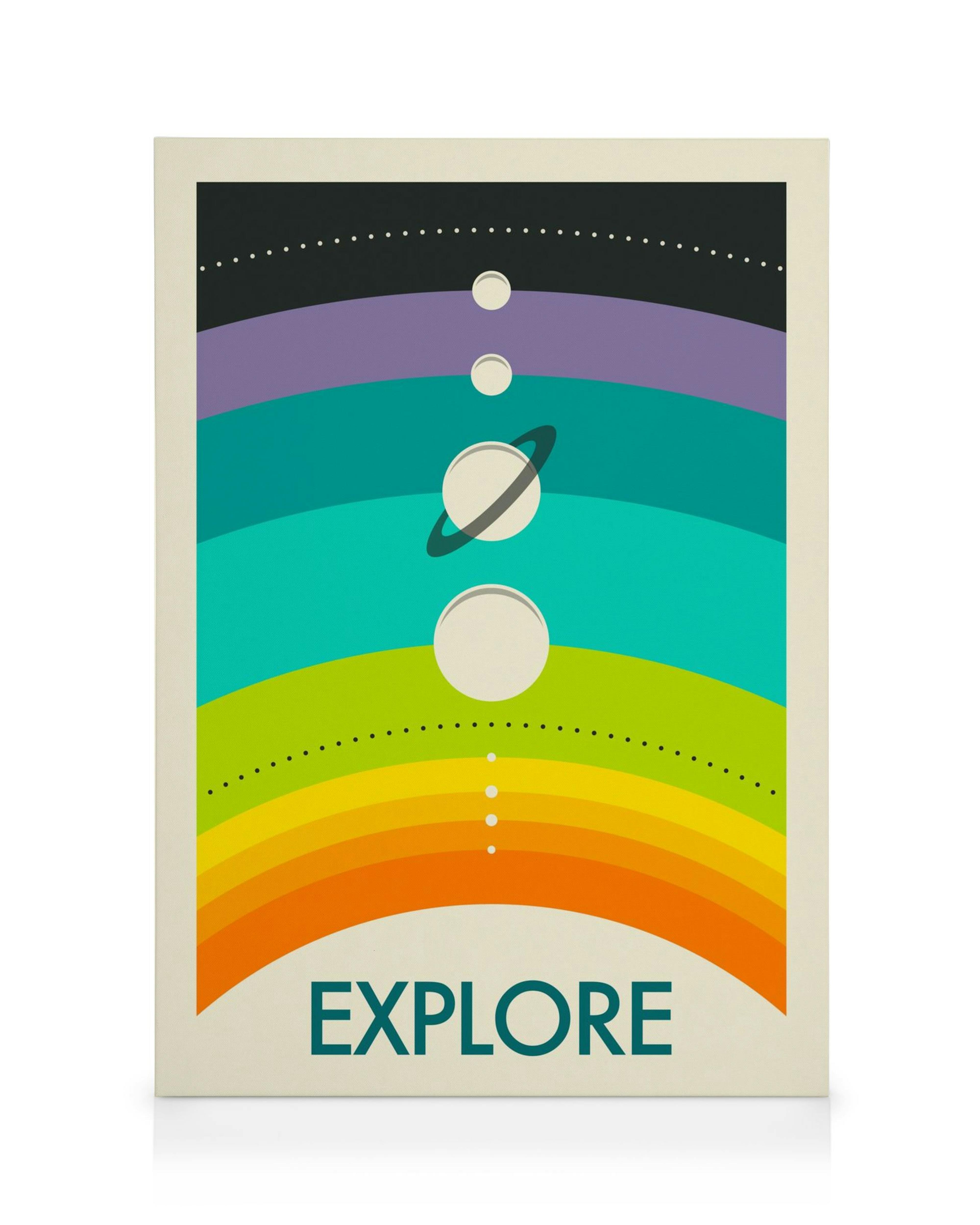 Toile avec typographie Explore et système solaire coloré de type arc-en-ciel, style art graphique et moderne
