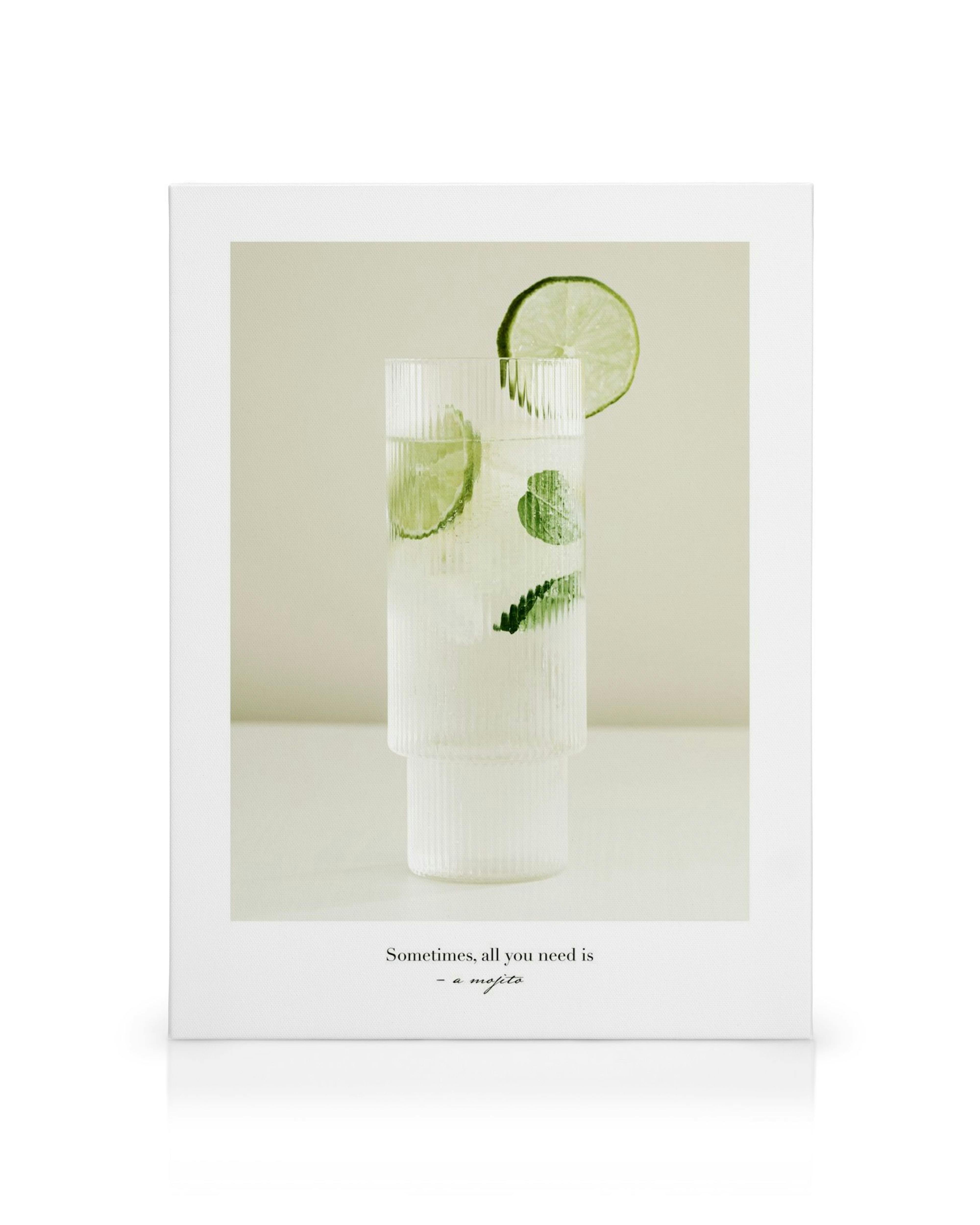 Καμβάς Mojito με ποτήρι, λάιμ και δυόσμο, μινιμαλιστική φωτογραφία ποτού.