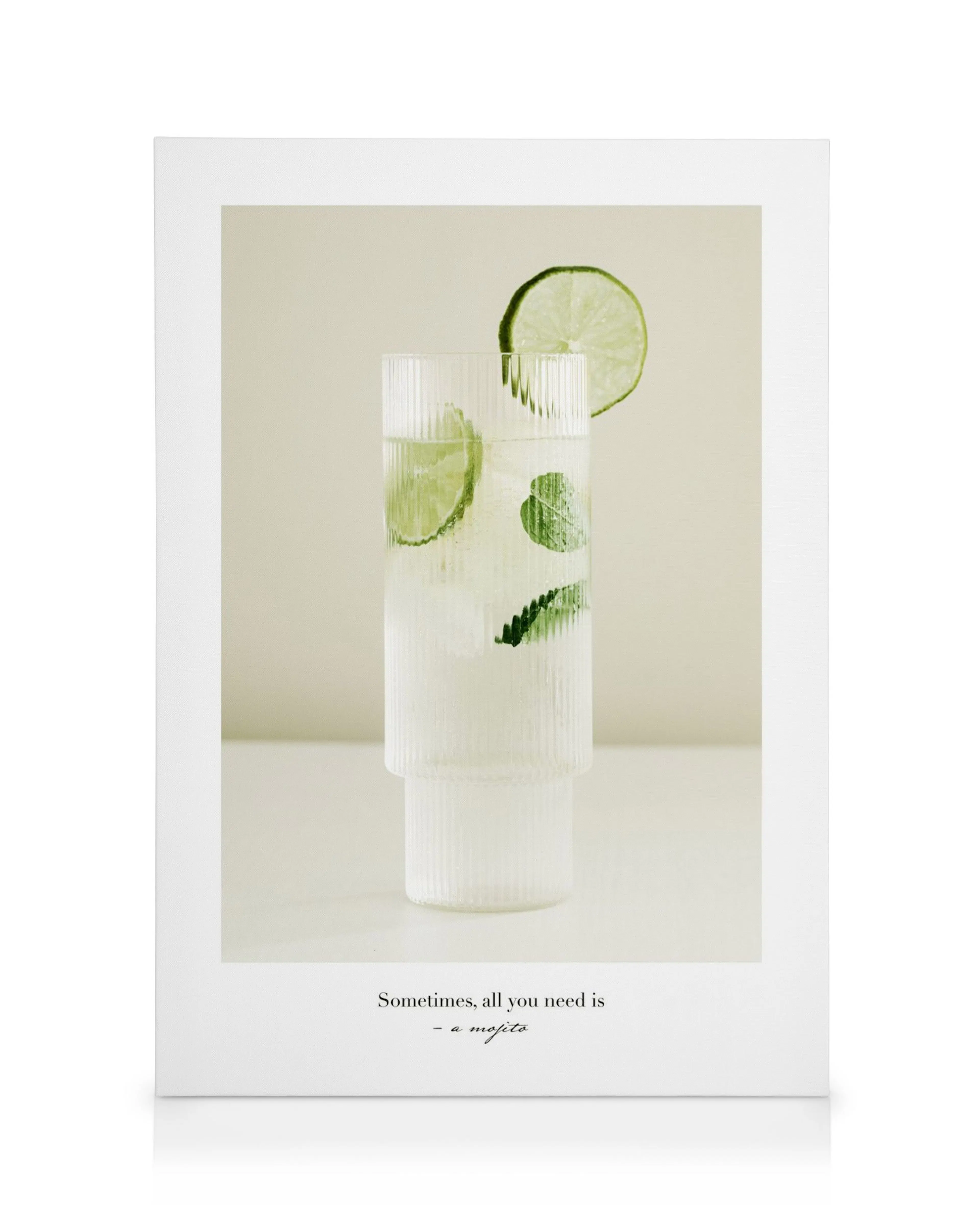 Toile Mojito, verre de cocktail avec citron vert et menthe sur fond beige, typographie All You Need Is