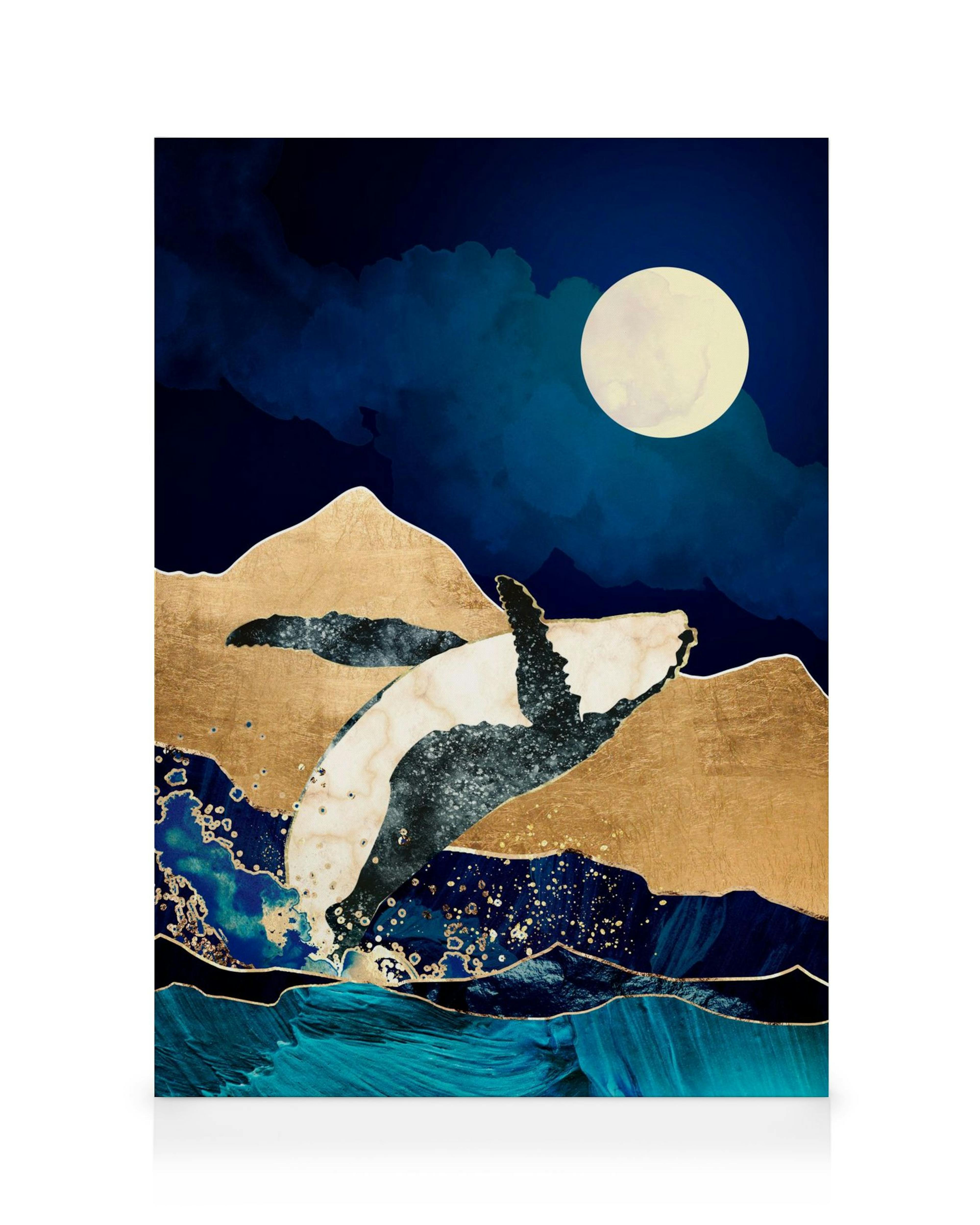 Fantasy whale leaping from sea, gold mountains, moon, night sky. Canvas print.
