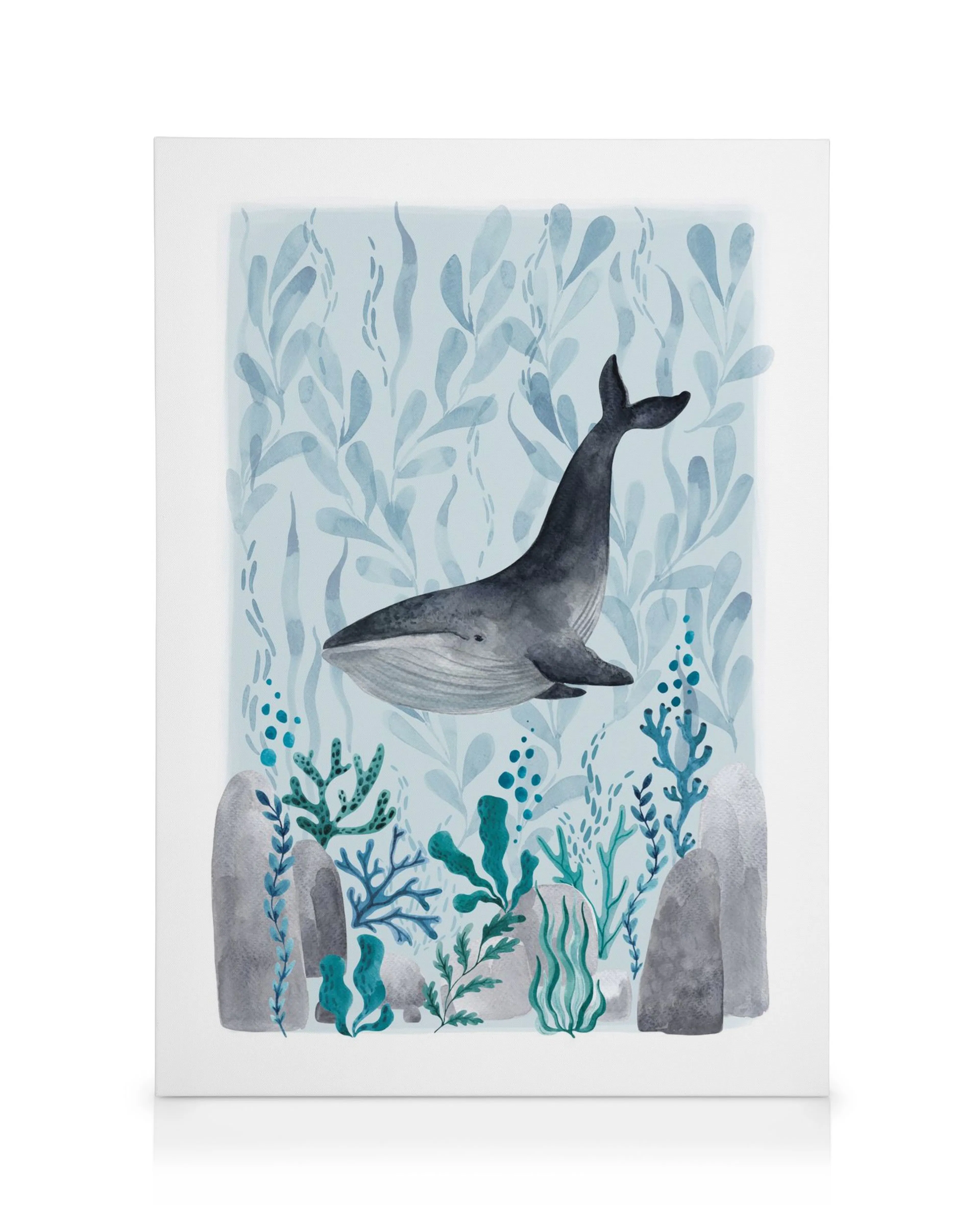 Gray whale swimming among blue and green seaweed and coral on a canvas print, perfect for nursery decor.