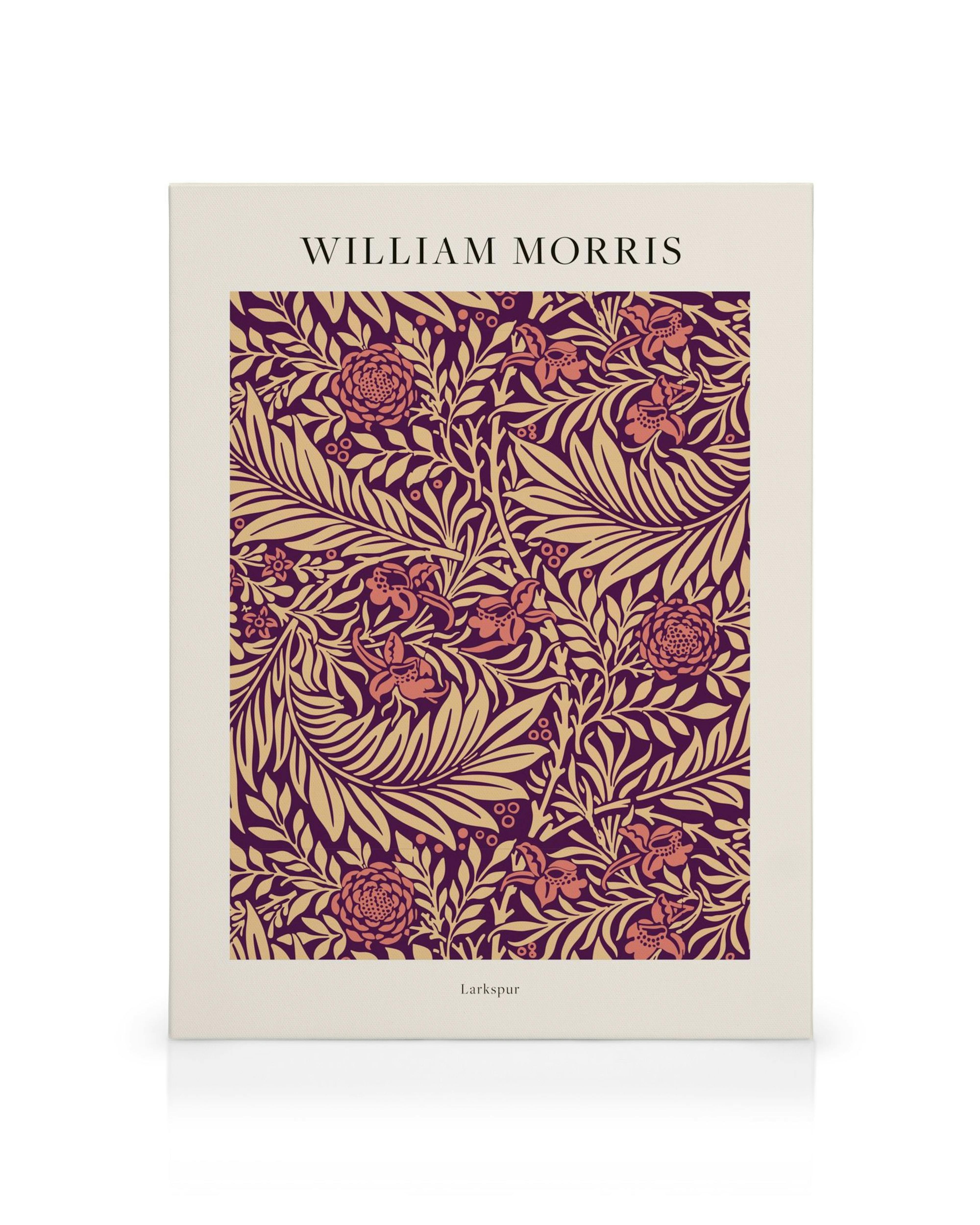 Toile William Morris Larkspur No2, motif floral rose et rouge foncé sur fond beige