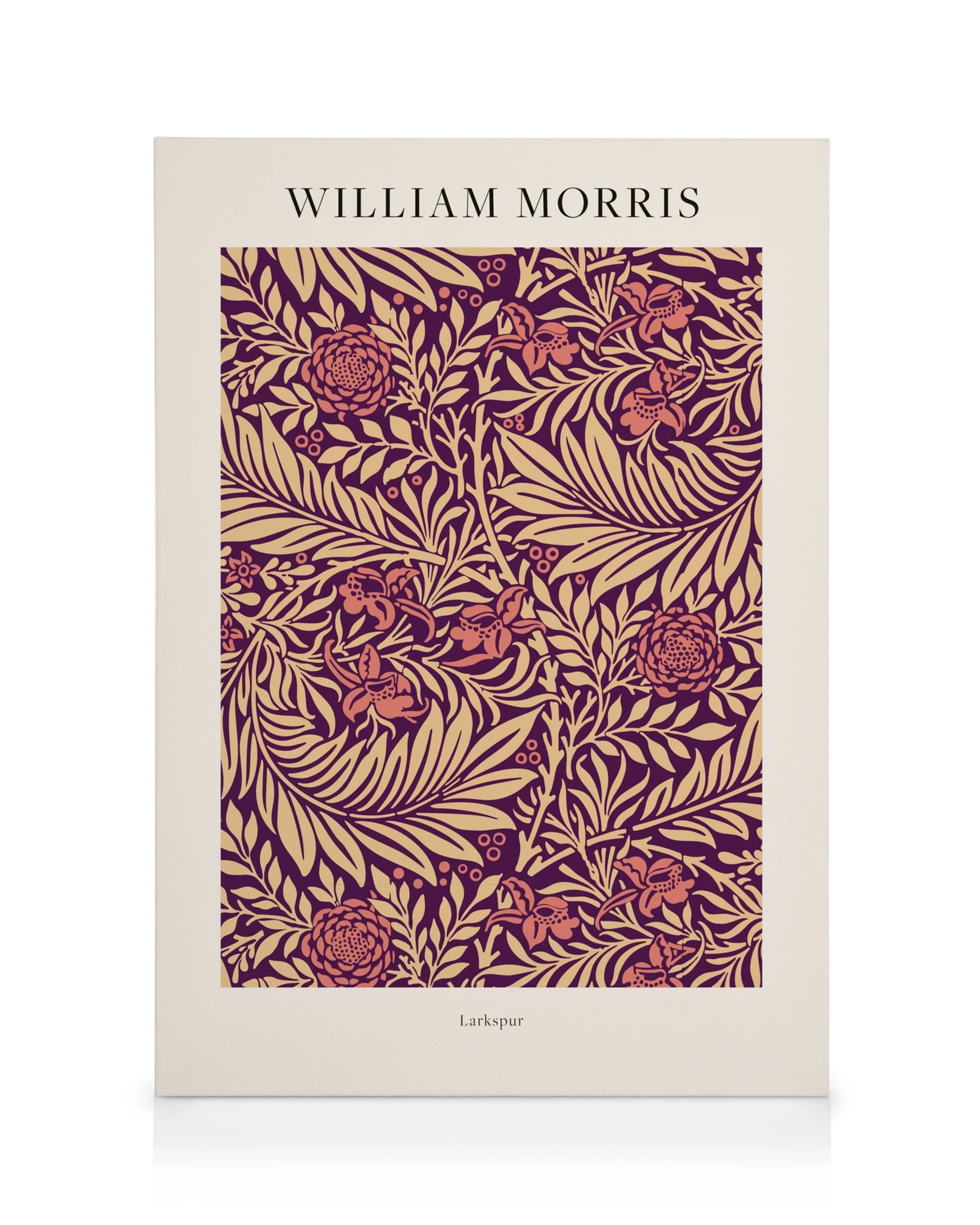 William Morris Larkspur No2 canvas print with pink and dark red floral pattern on a beige background.