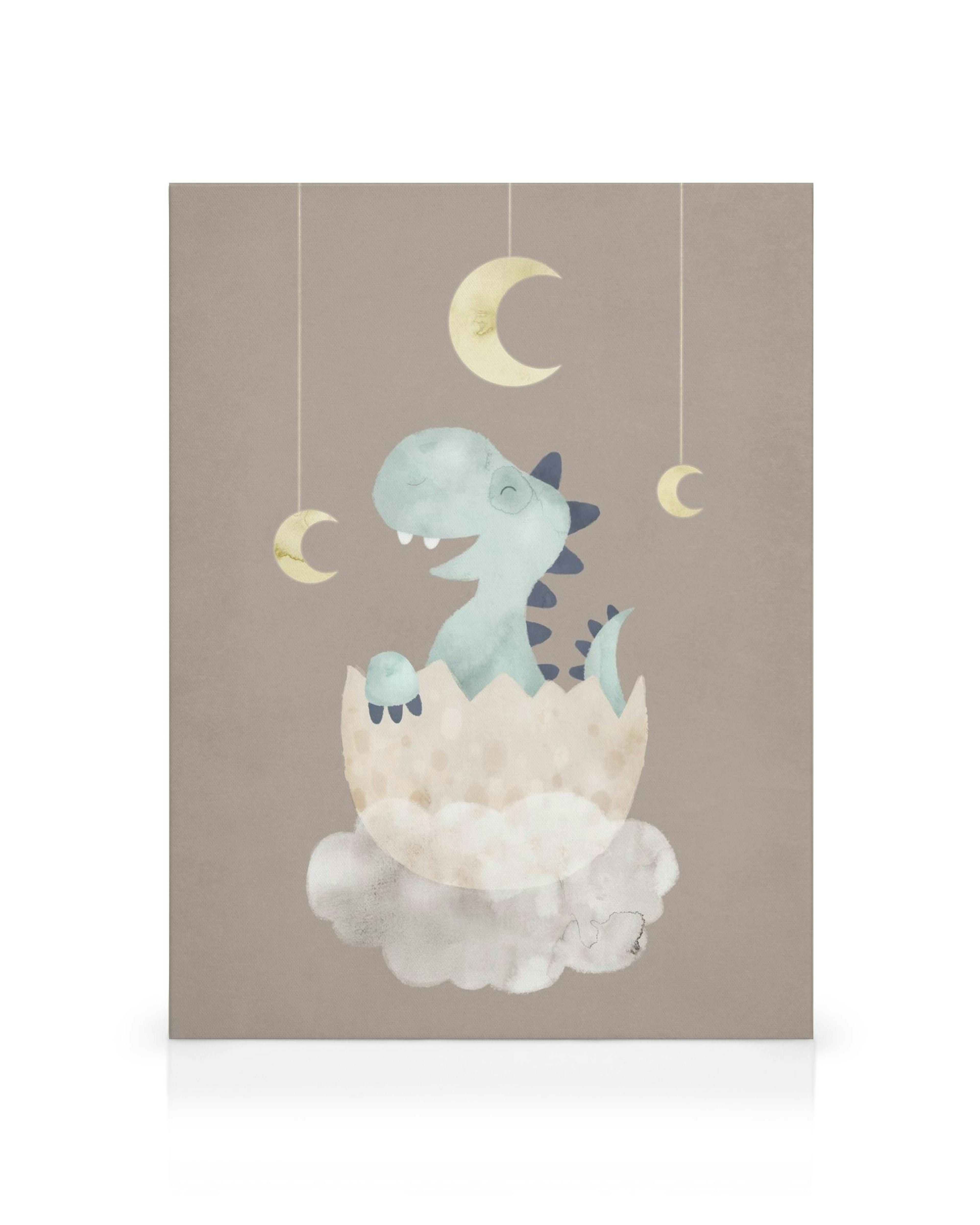 Παιδικός καμβάς με χαριτωμένο δεινόσαυρο που βγαίνει από αβγό, σε απαλούς τόνους.