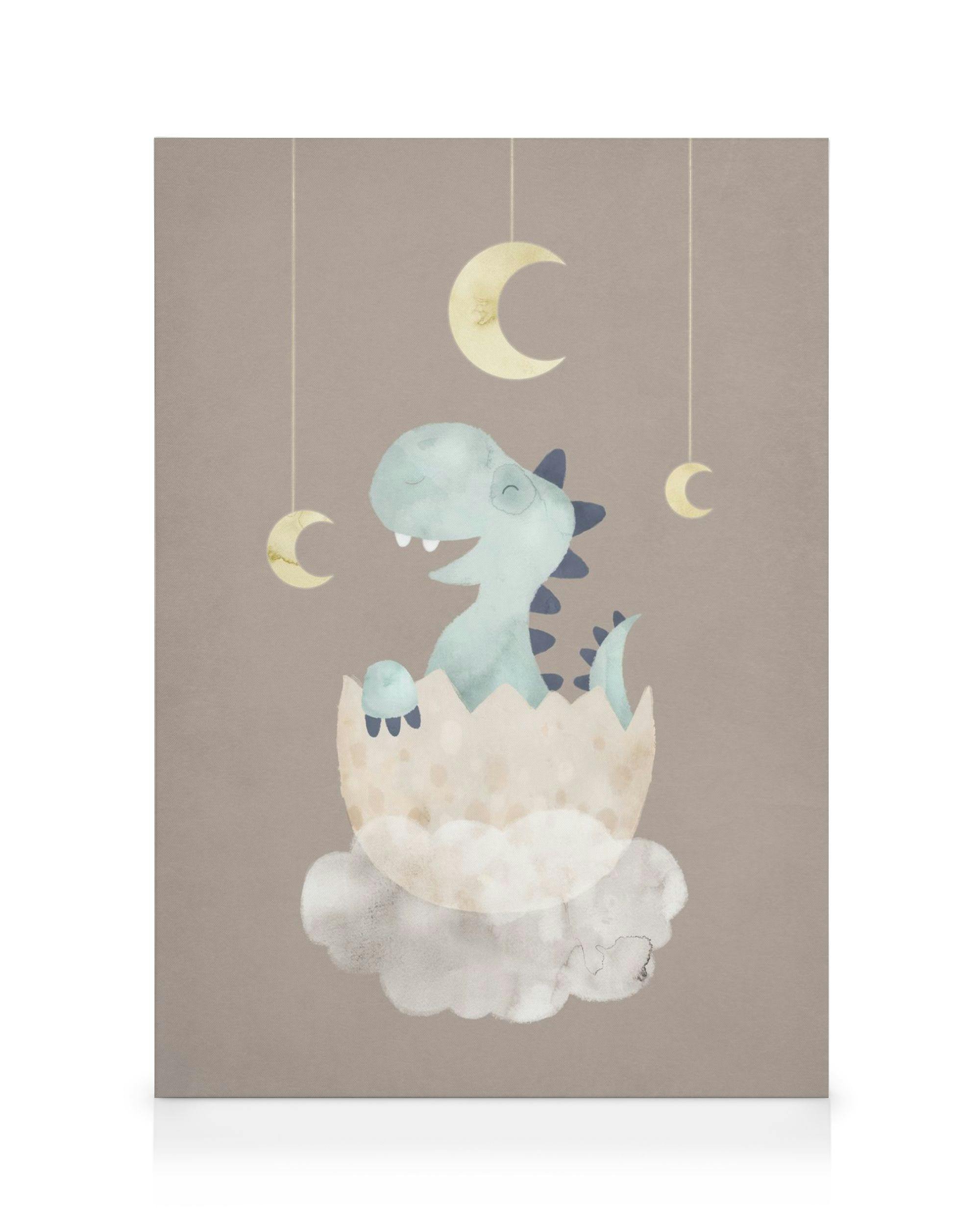Leinwandbild: Niedlicher Baby-Dinosaurier in Eierschale auf Wolke, mit hängenden Monden, Kinderzimmer-Design.