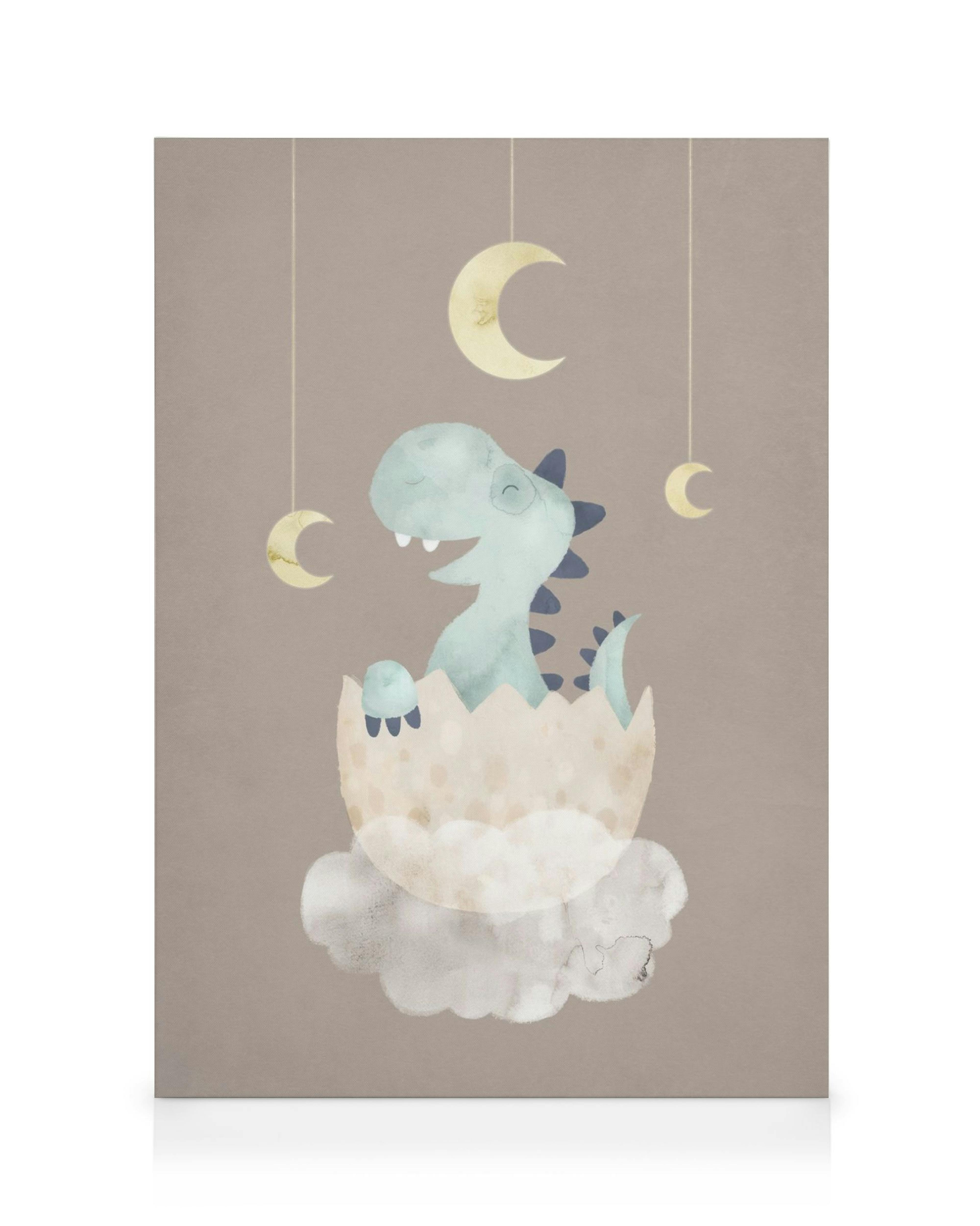 Leinwandbild: Niedlicher Baby-Dinosaurier in Eierschale auf Wolke, mit hängenden Monden, Kinderzimmer-Design.