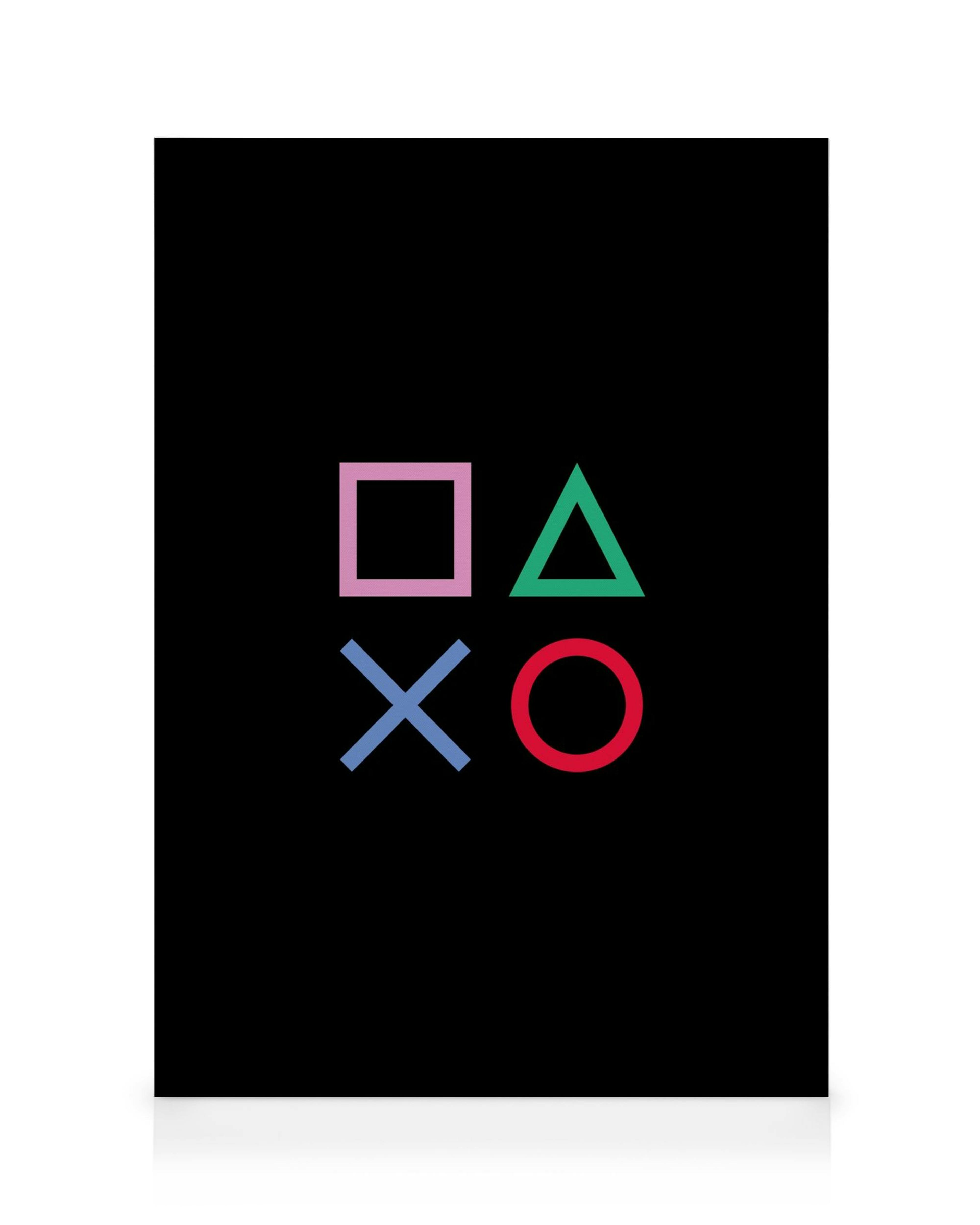 Toile noire avec un carré rose, un triangle vert, une croix bleue et un cercle rouge, symboles de jeu vidéo