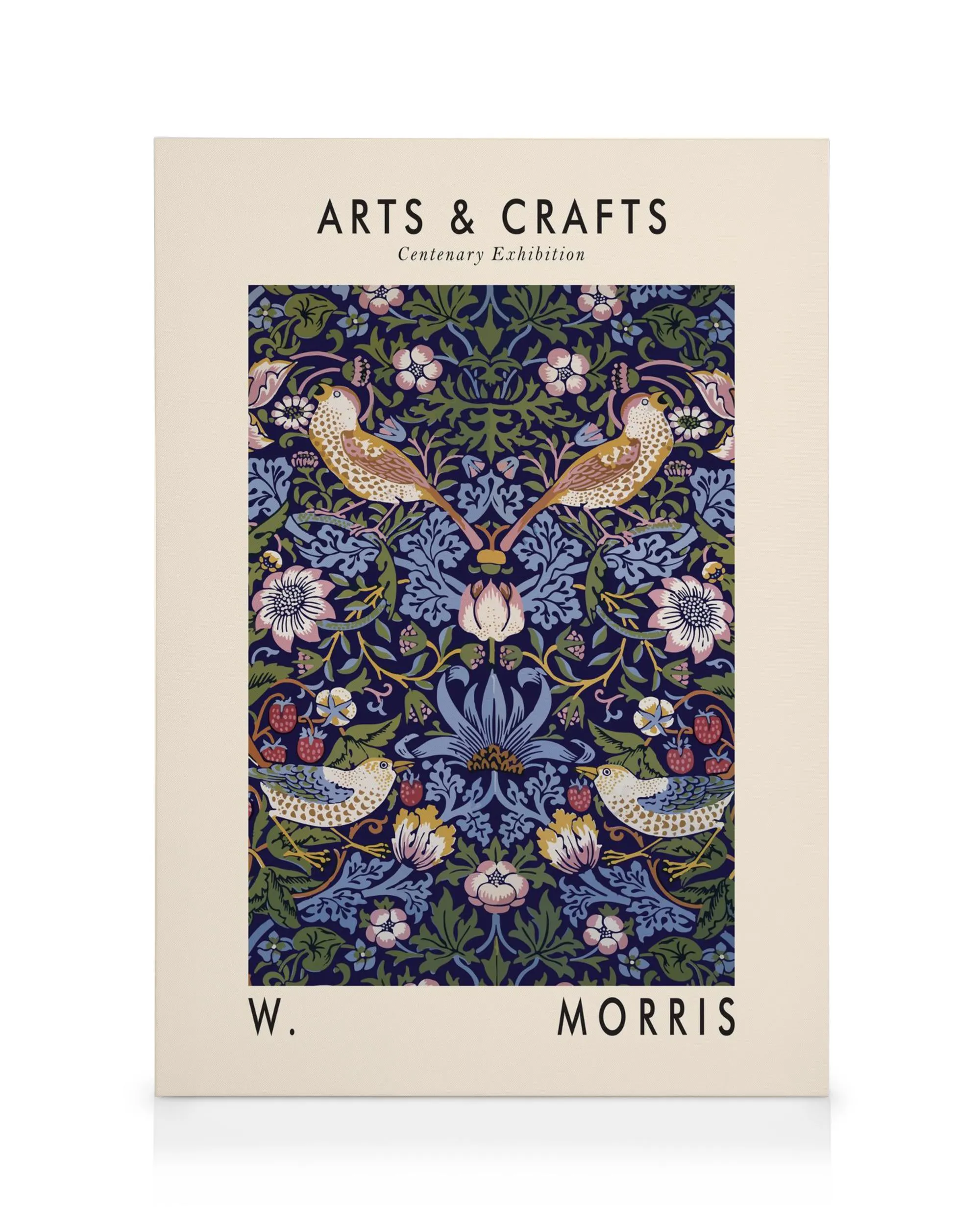 Arts & Crafts floral and bird pattern canvas print with W. Morris text on a dark background.