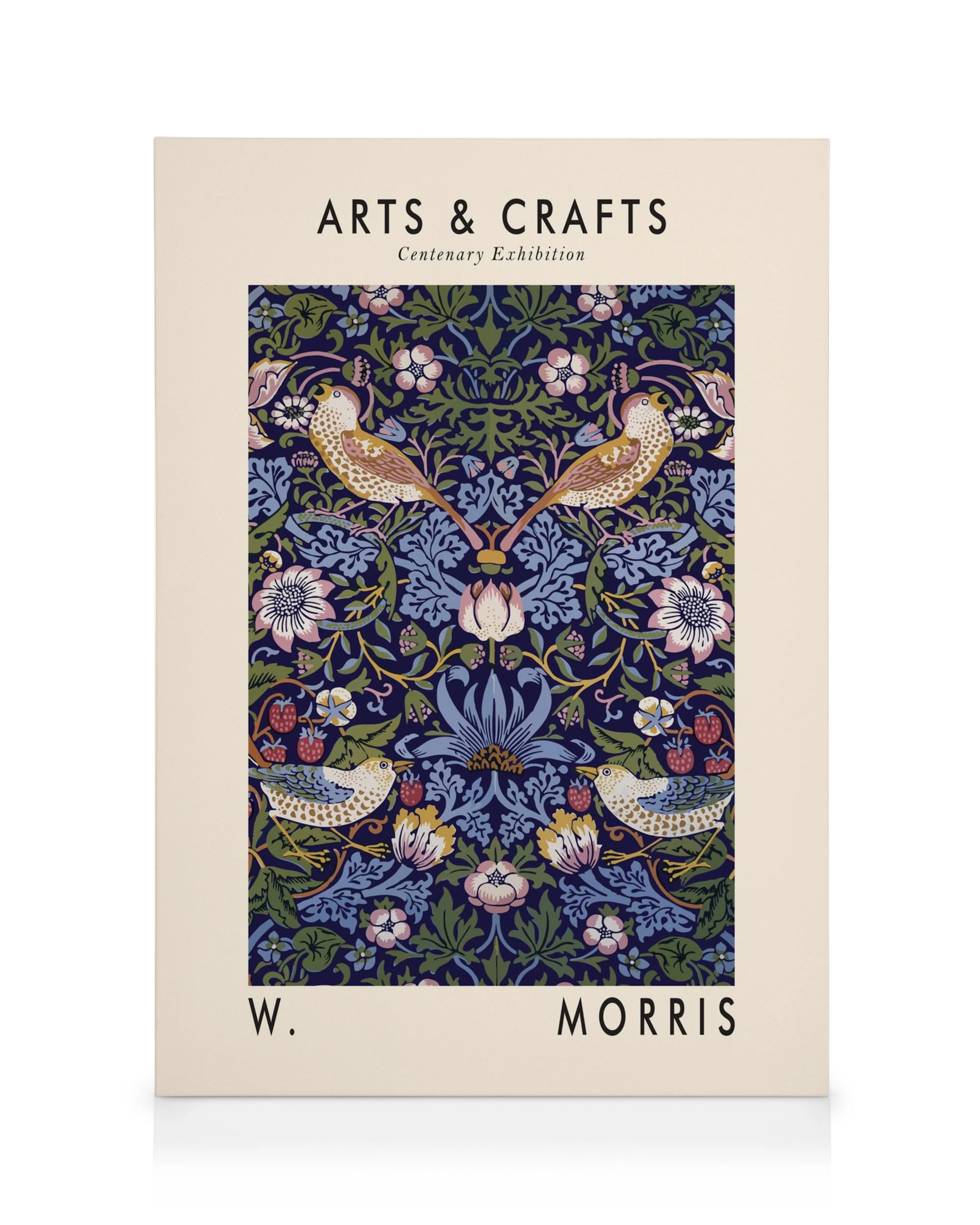 Arts & Crafts floral and bird pattern canvas print with W. Morris text on a dark background.