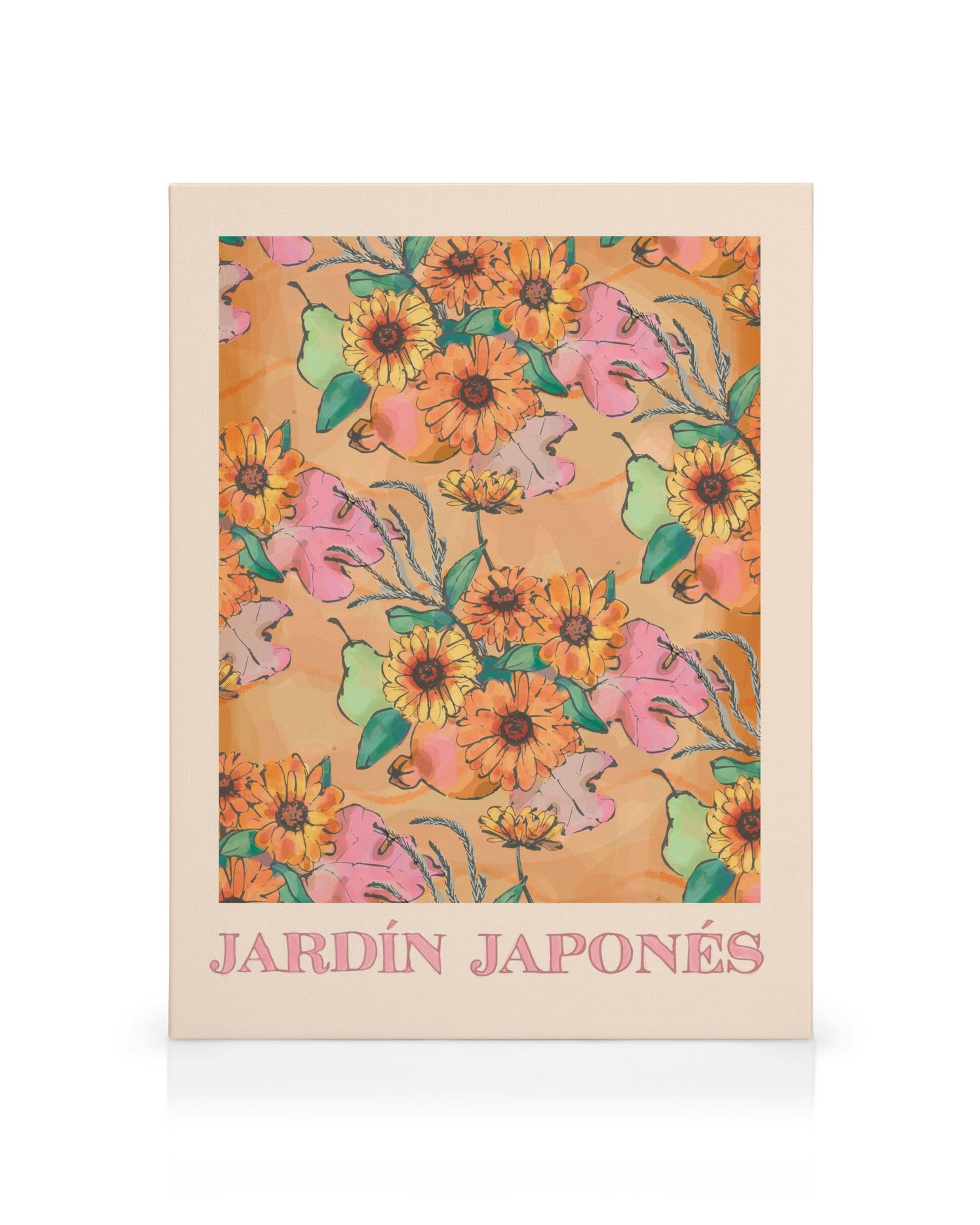 Leinwandbild Jardin Japonés mit farbigen Blüten, Blättern und Früchten auf beigem Hintergrund, japanischer Garten