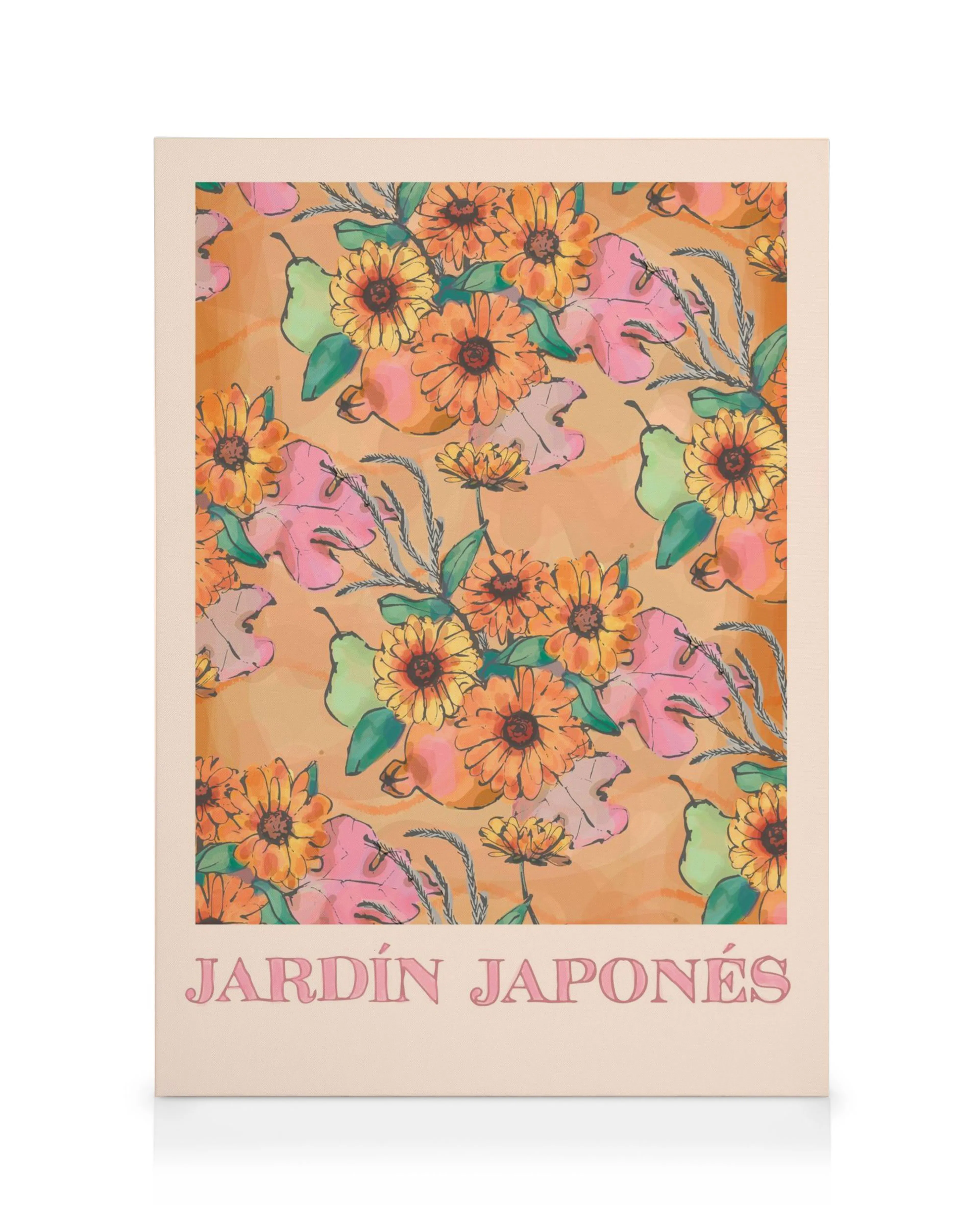 Leinwand mit japanischem Gartenmotiv, orangefarbenen Blüten, rosa Blättern, grünlichen Birnen auf beigem Hintergrund.
