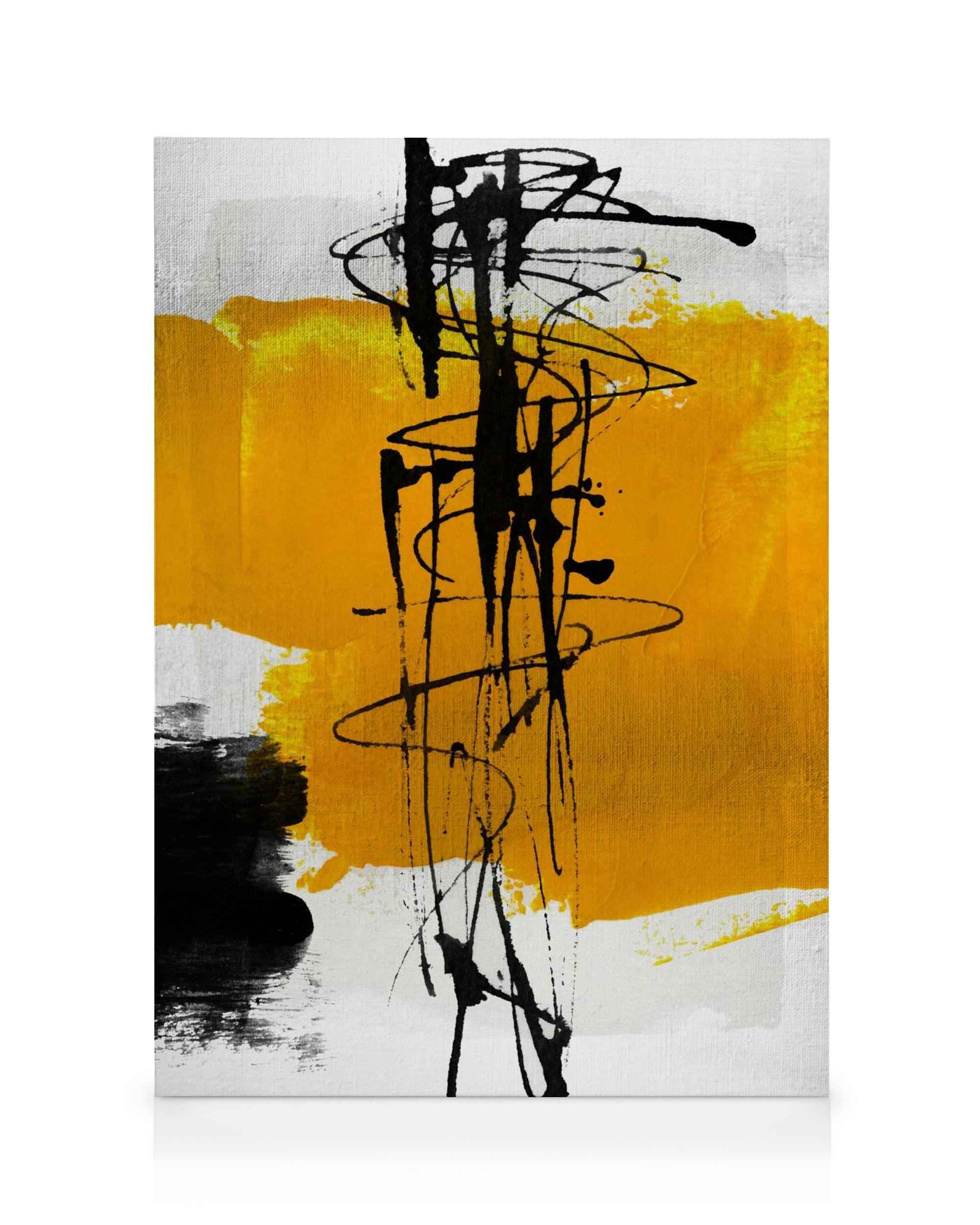 Yellow and white abstract canvas print with black paint splatters and streaks, gray and black areas on the left.