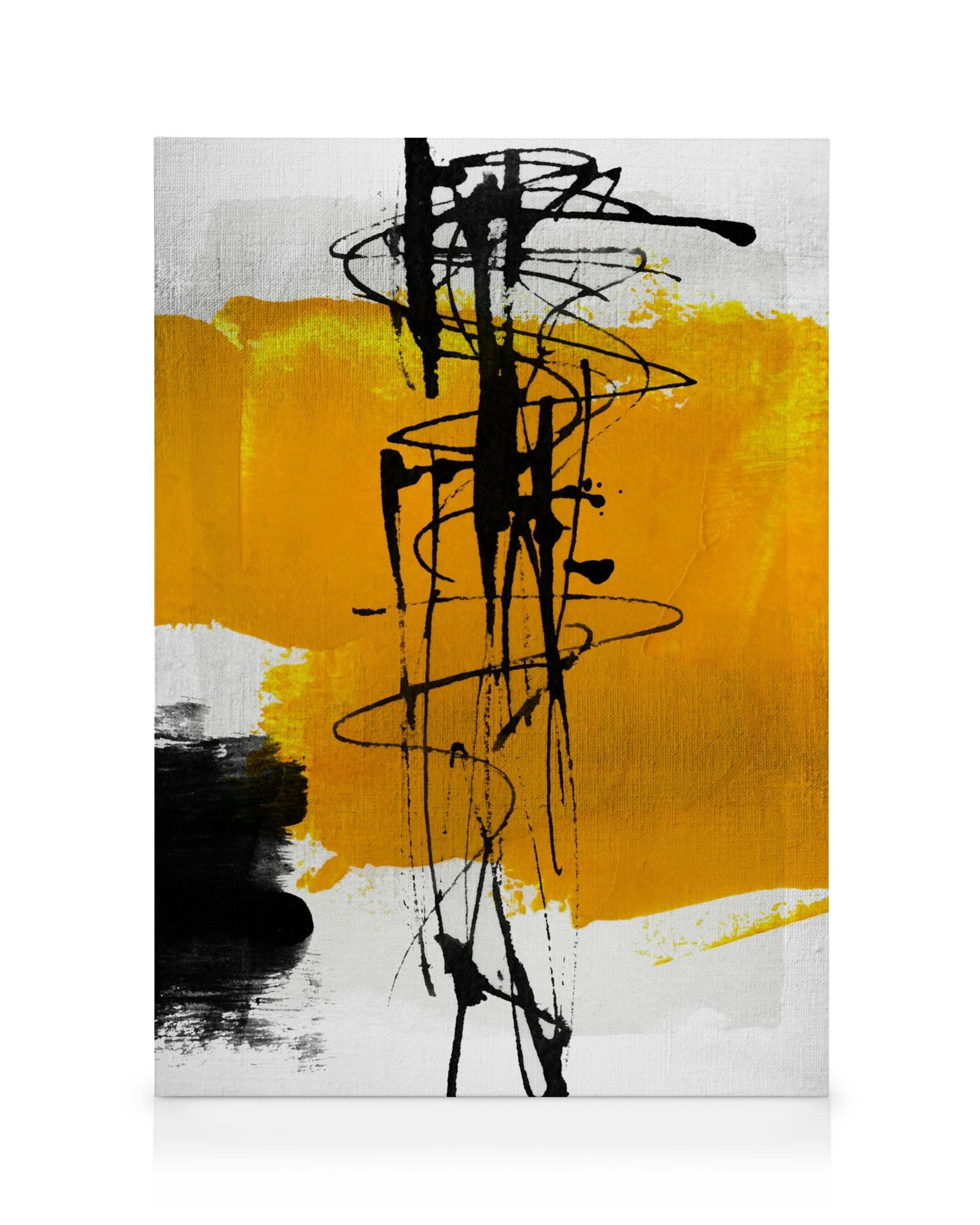 Yellow and white abstract canvas print with black paint splatters and streaks, gray and black areas on the left.