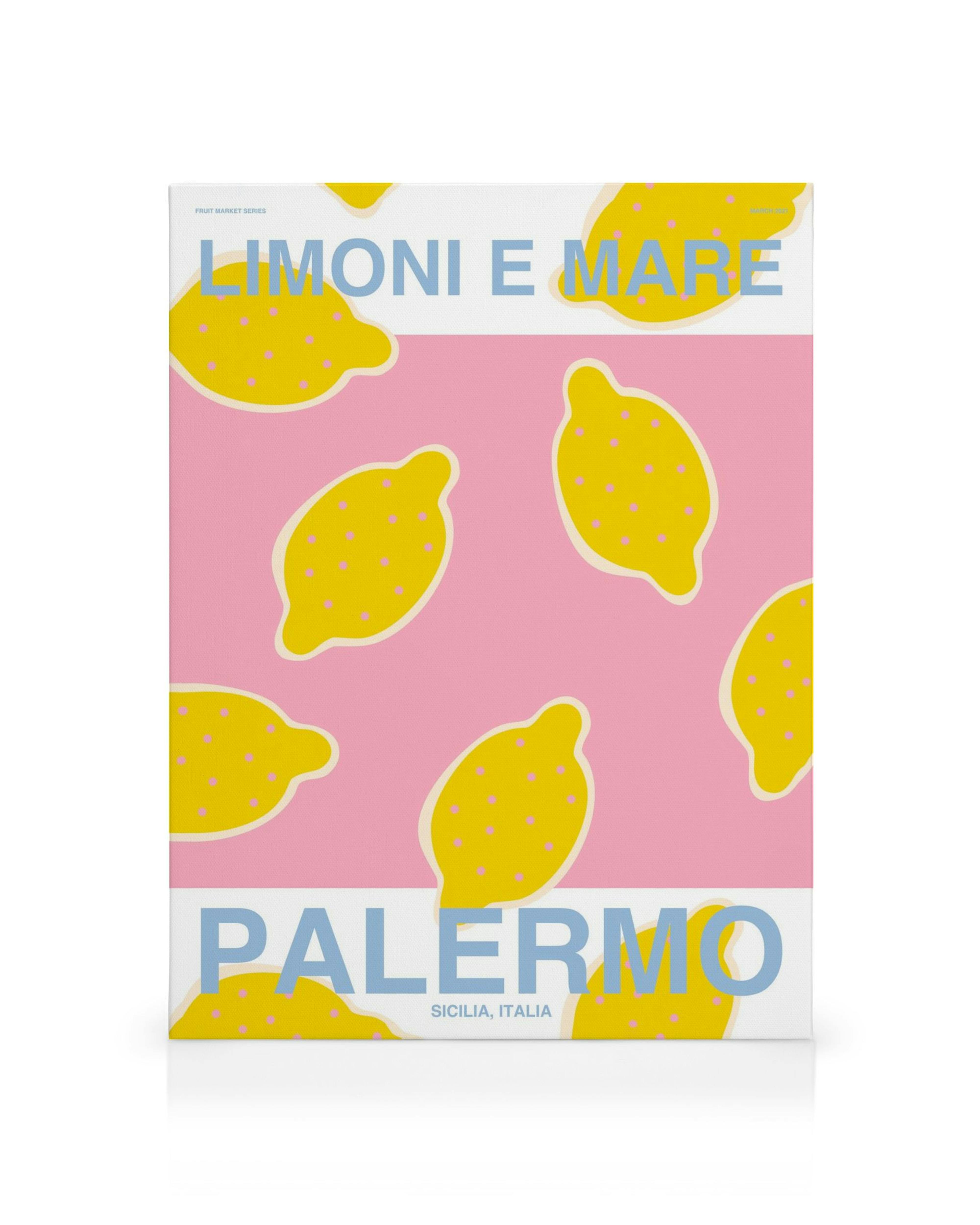 Palermo plátno s růžovým pozadím a žlutými citrony, nápis Limoni e Mare a Palermo.