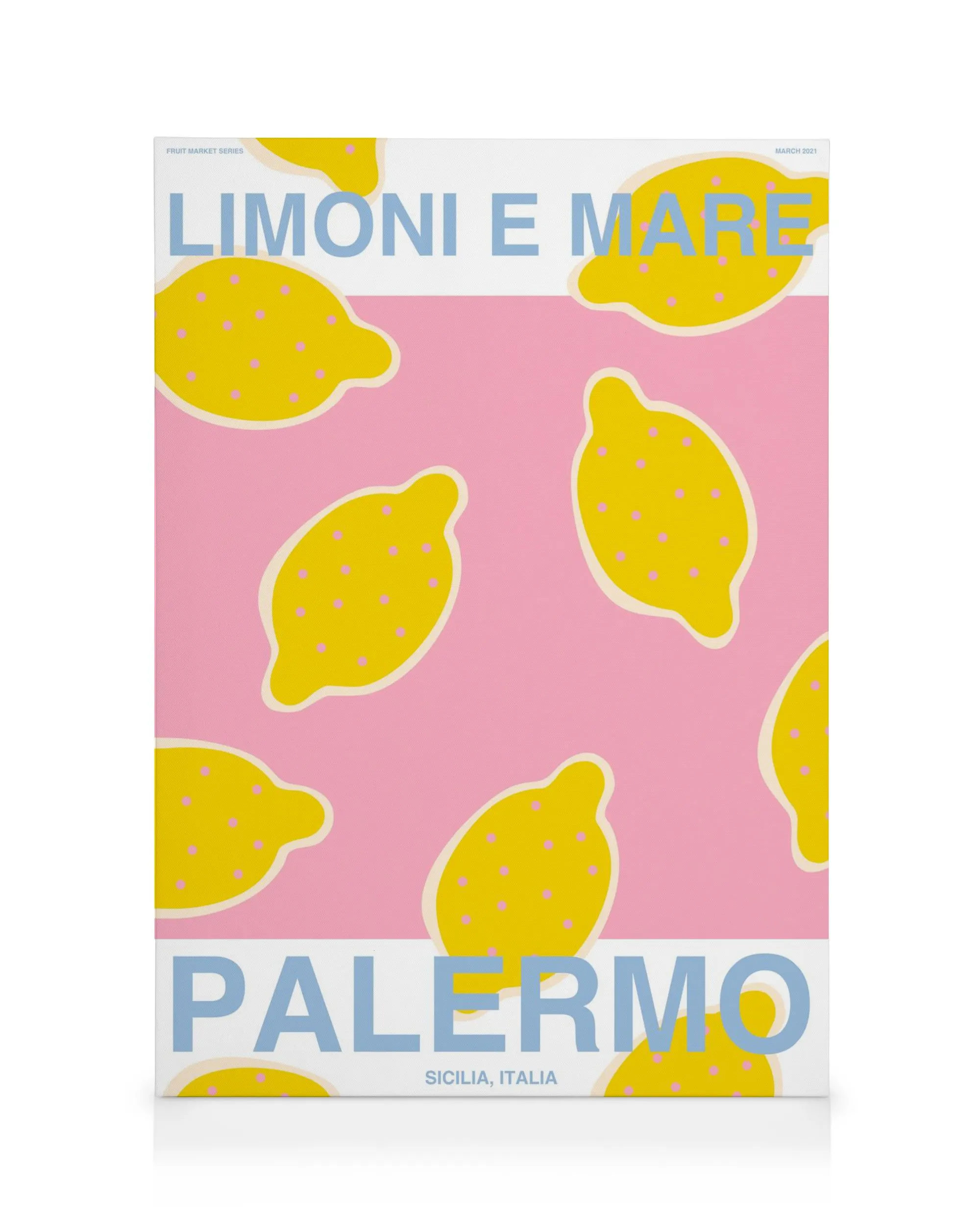 Palermo canvas print with yellow lemons and purple dots on a pink background, Italian text