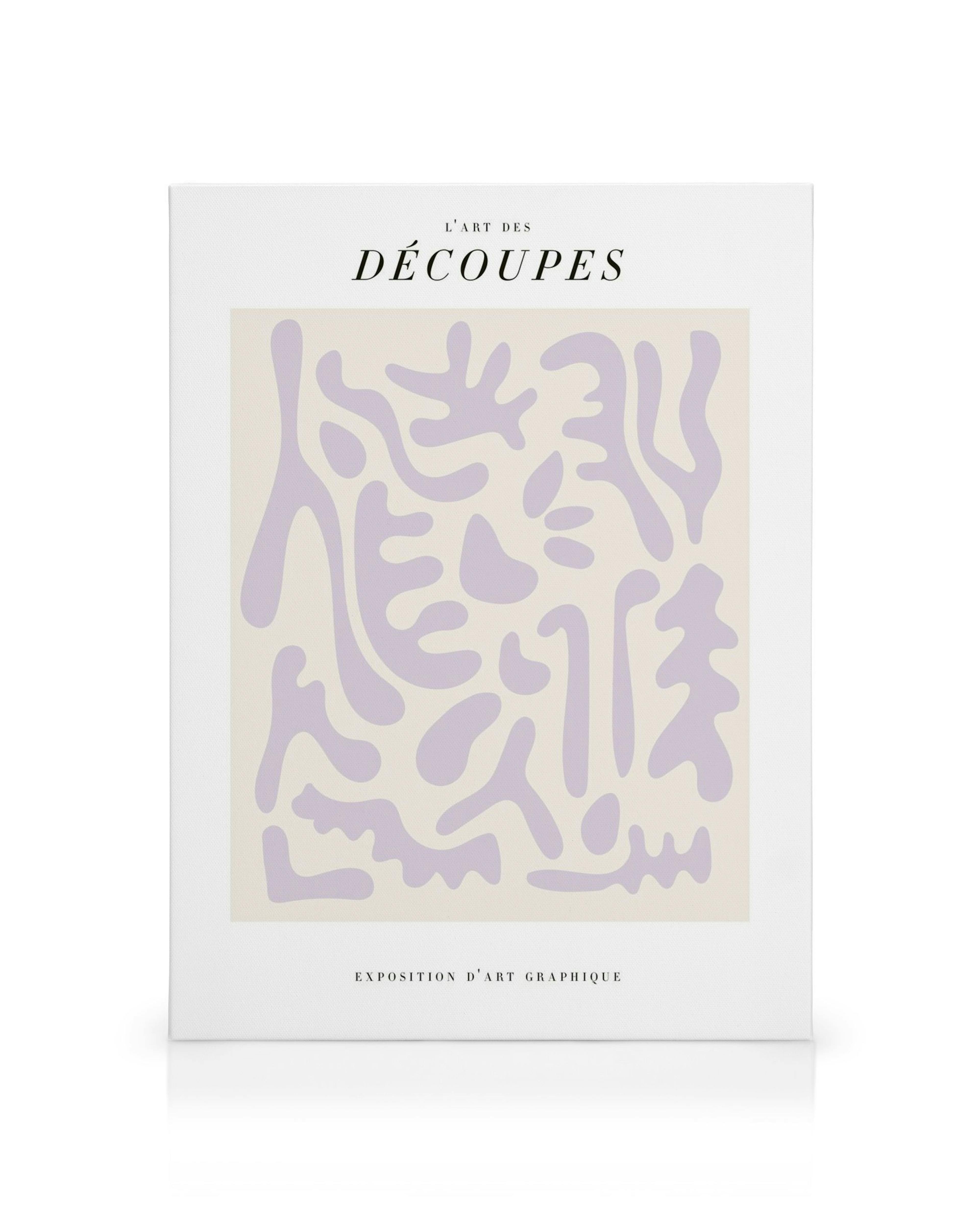 Stampa su tela con forme astratte viola su sfondo chiaro, testo francese grafico, arte moderna.