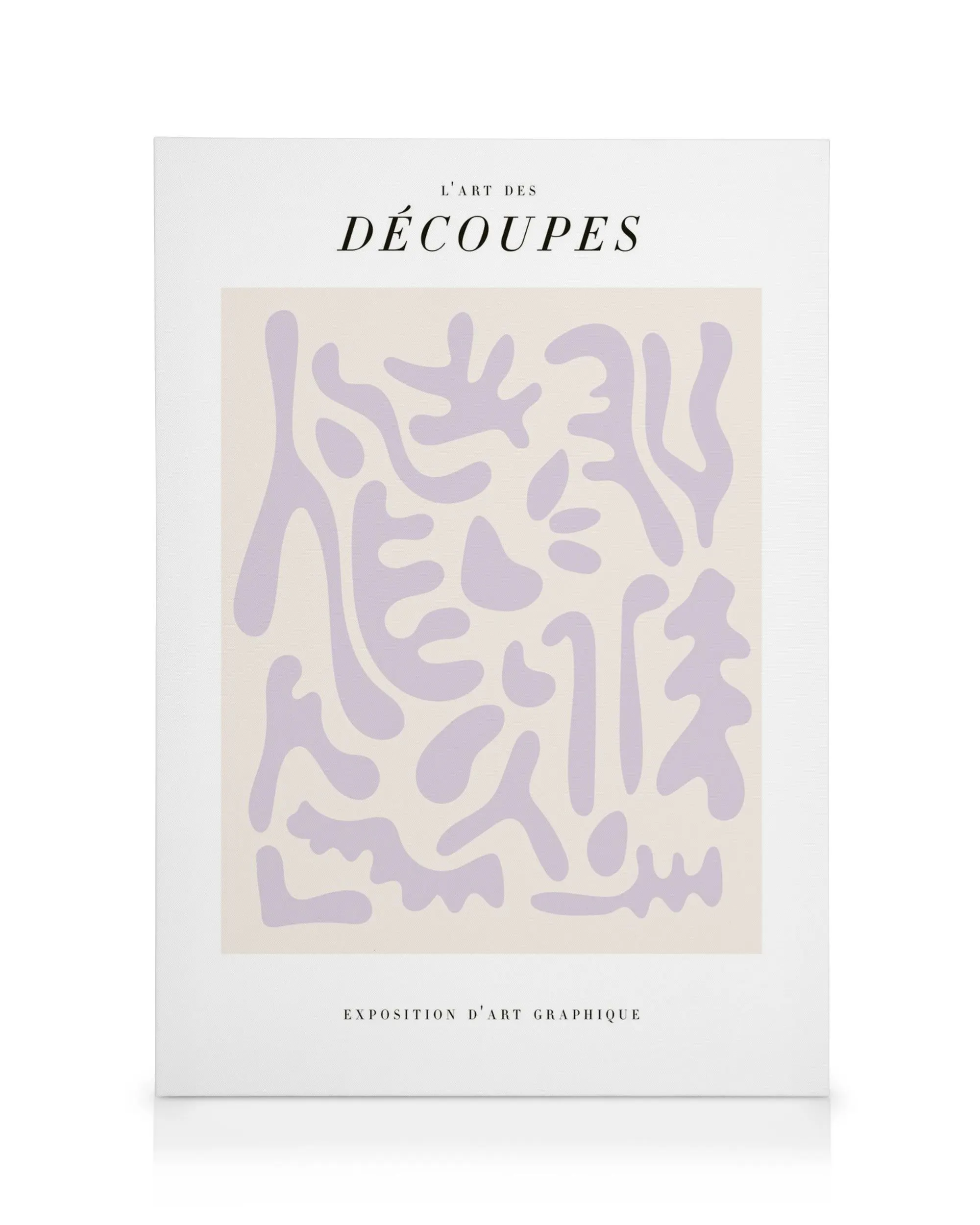 Découpes No1 canvas print, a beige canvas with light purple abstract shapes in a playful, organic pattern.