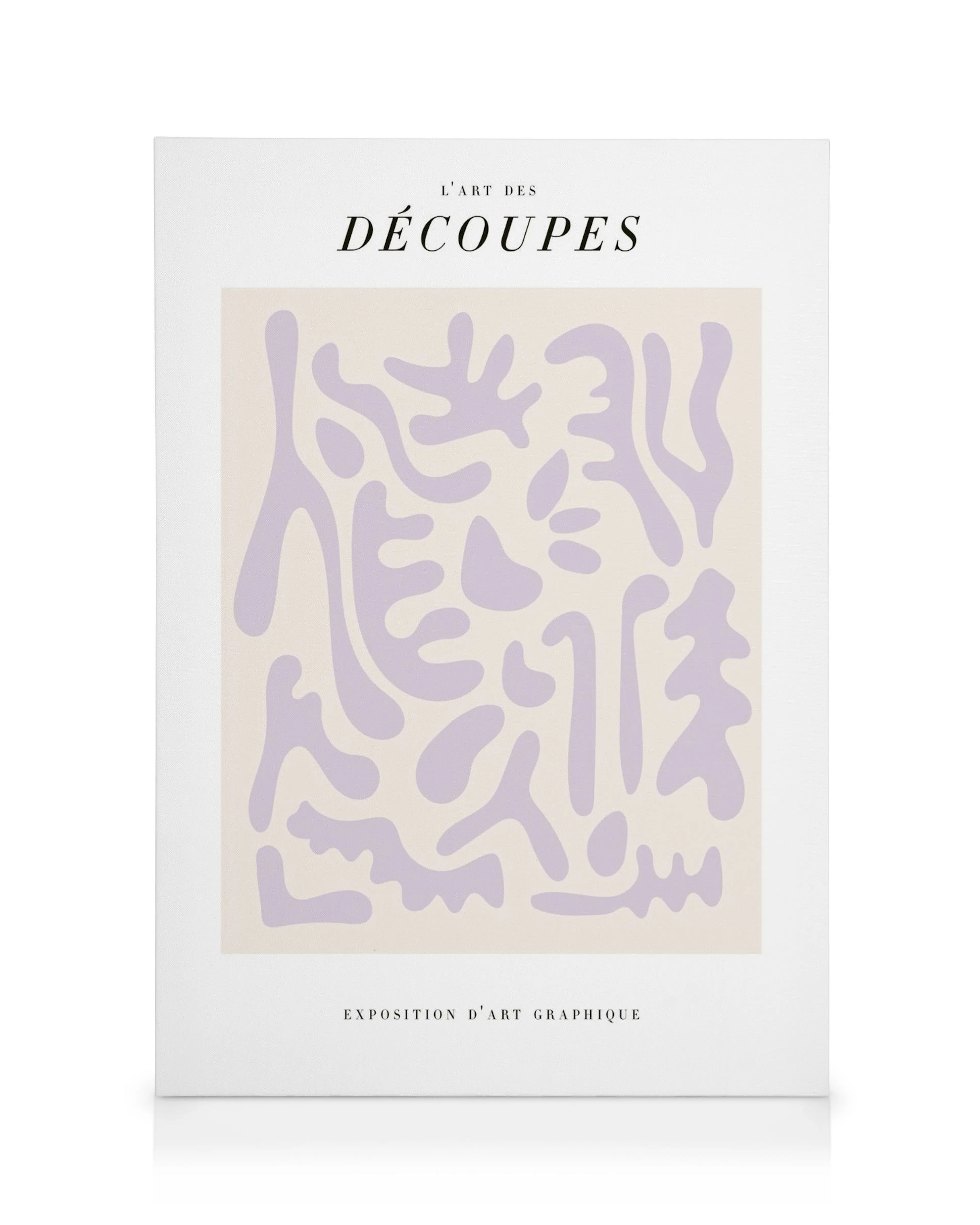 Découpes No1 canvas print, a beige canvas with light purple abstract shapes in a playful, organic pattern.