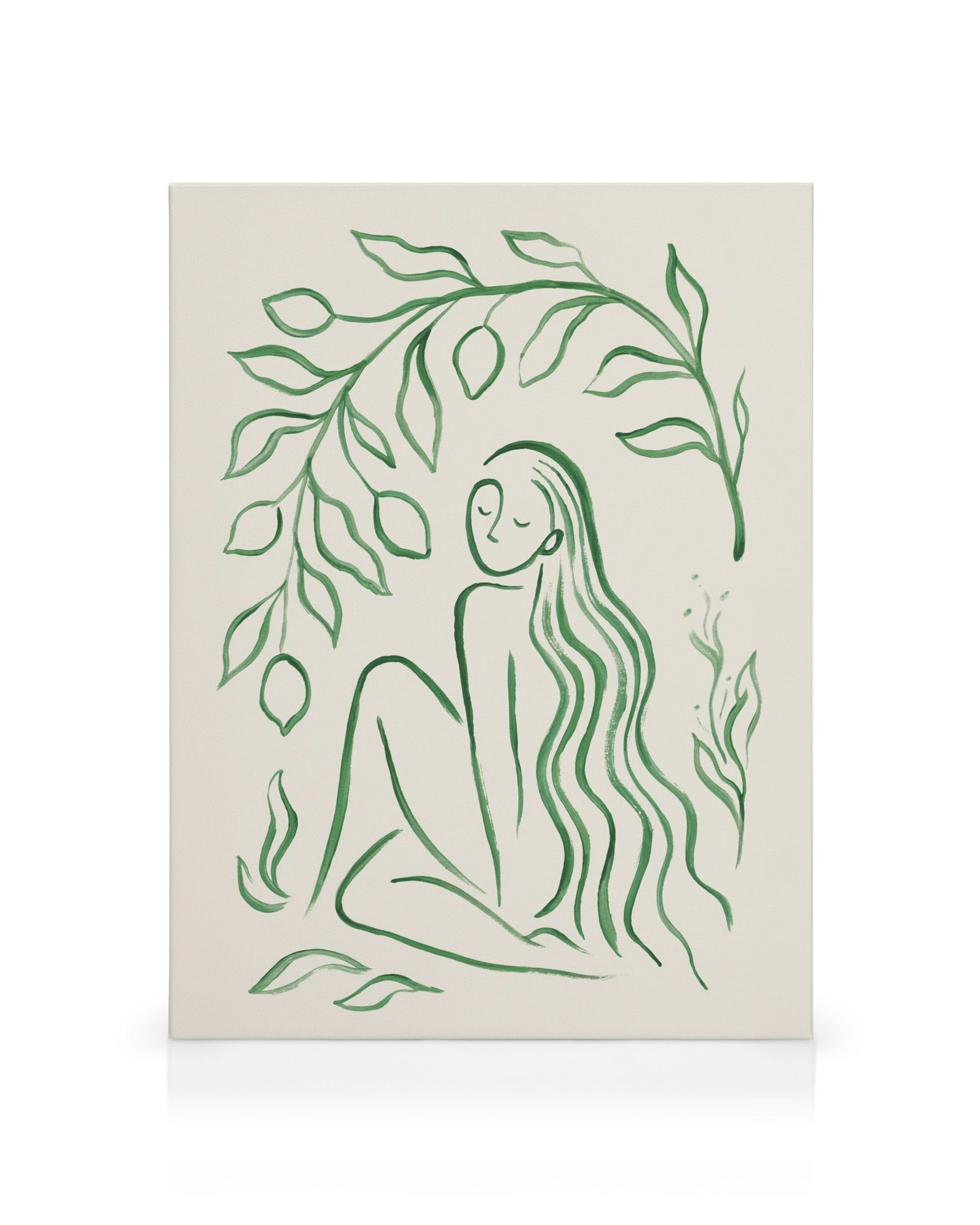 Stilisierte grüne Linienzeichnung einer Frau mit langen Haaren unter einem Baum, modernes Leinwandbild